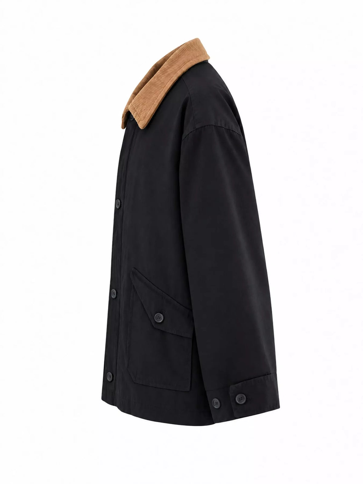Black contrast corduroy collar button-up jacket — side view