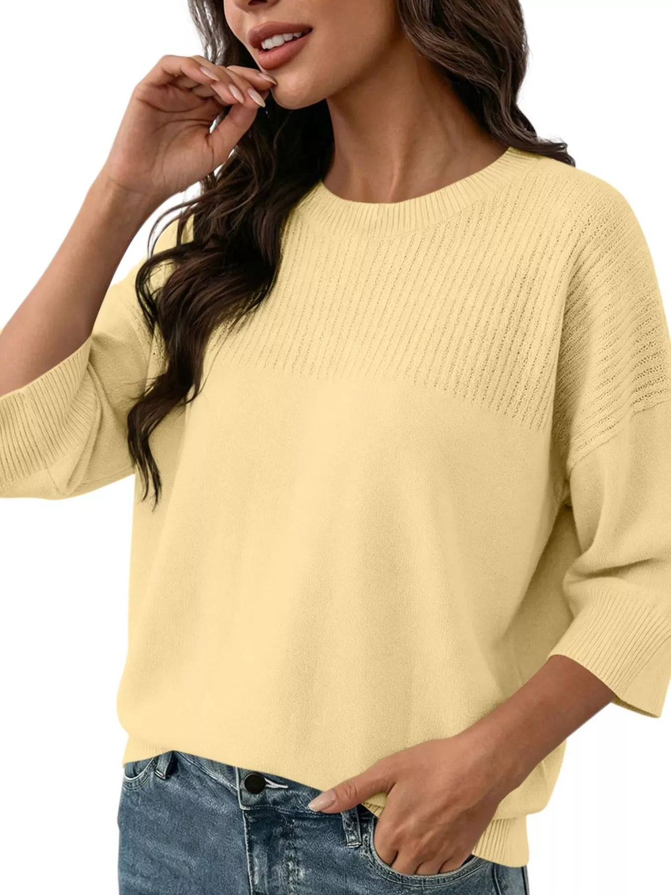 Trendsi Elegant Crew Neck Eyelet Ribbed Sweater -