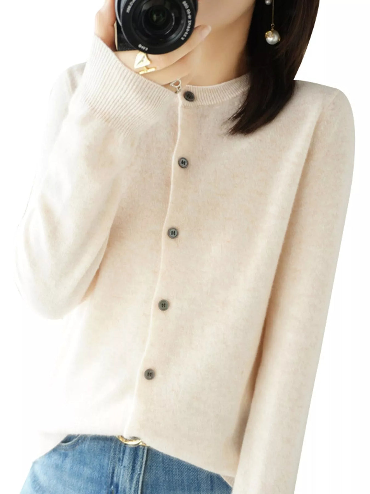 Ivory crew neck button-front cardigan
