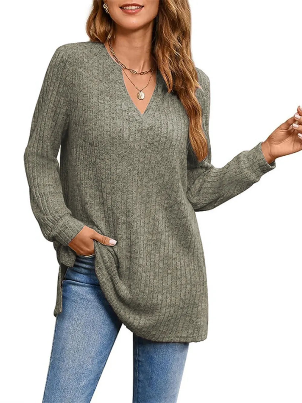 Trendsi Ribbed Notched Long Sleeve T-Shirt -