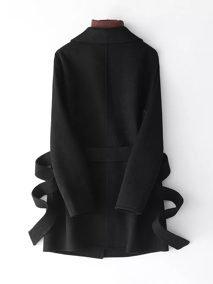 Black belted double-sided wool coat, back view
