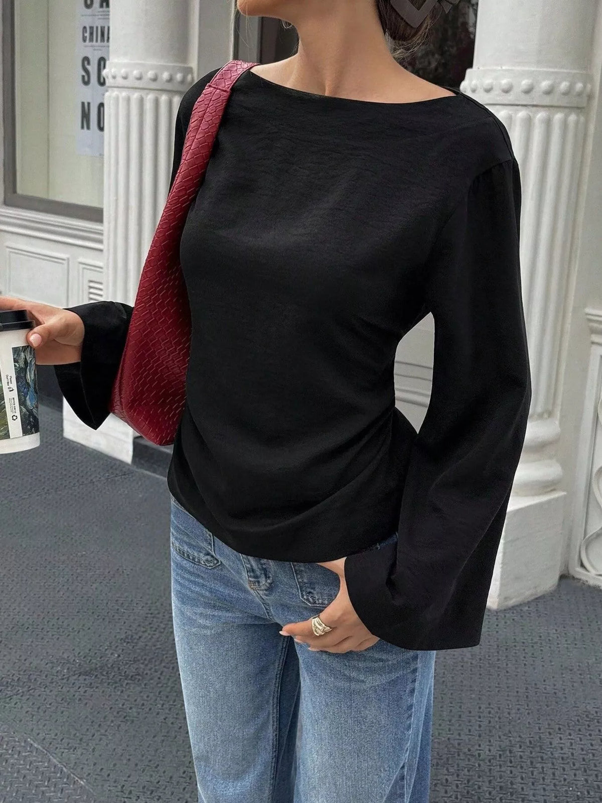 Trendsi Boat Neck Long Sleeve Slim-Fit T-Shirt -