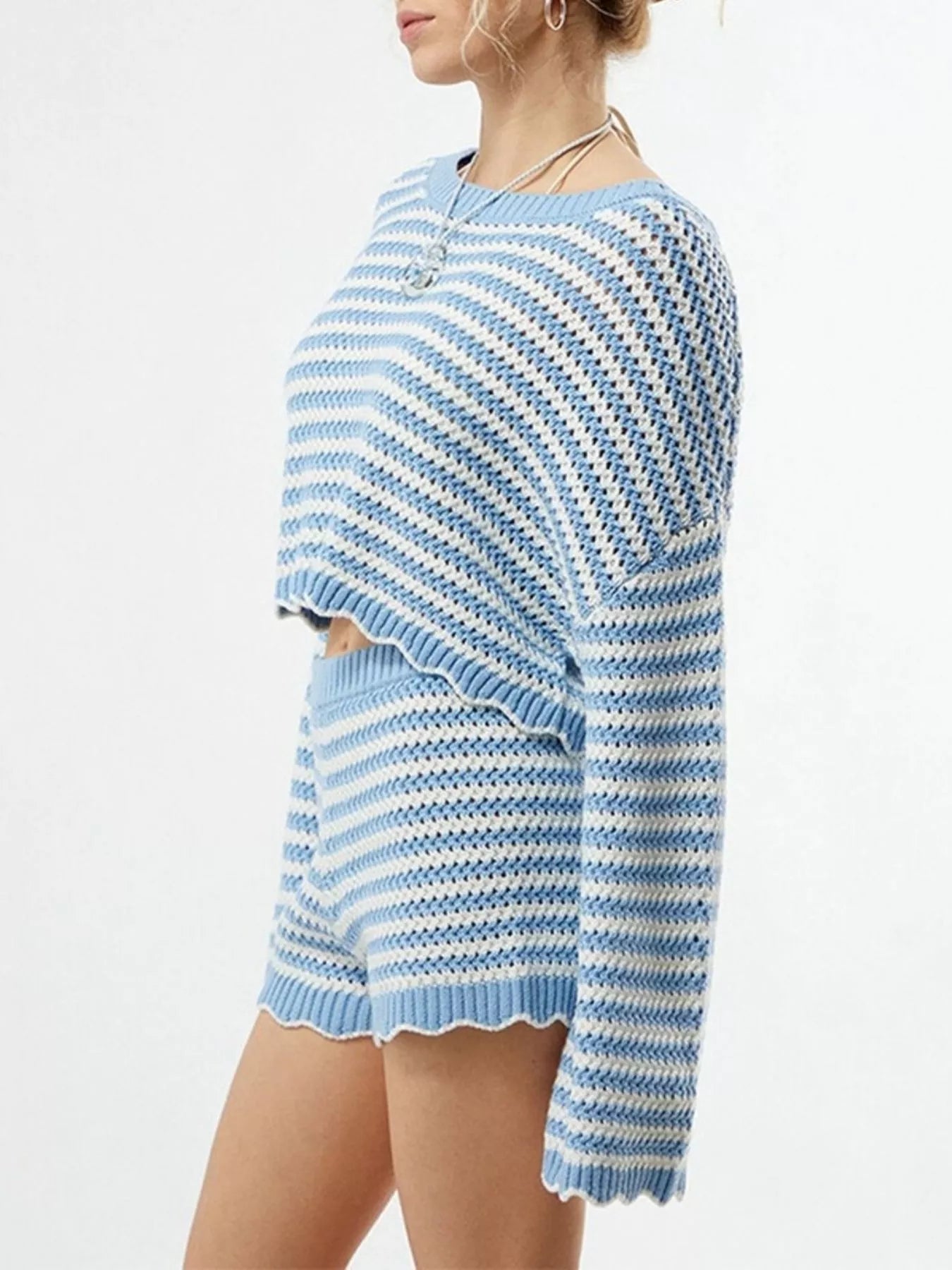 Trendsi Scalloped Edges Striped Top and Shorts Set -