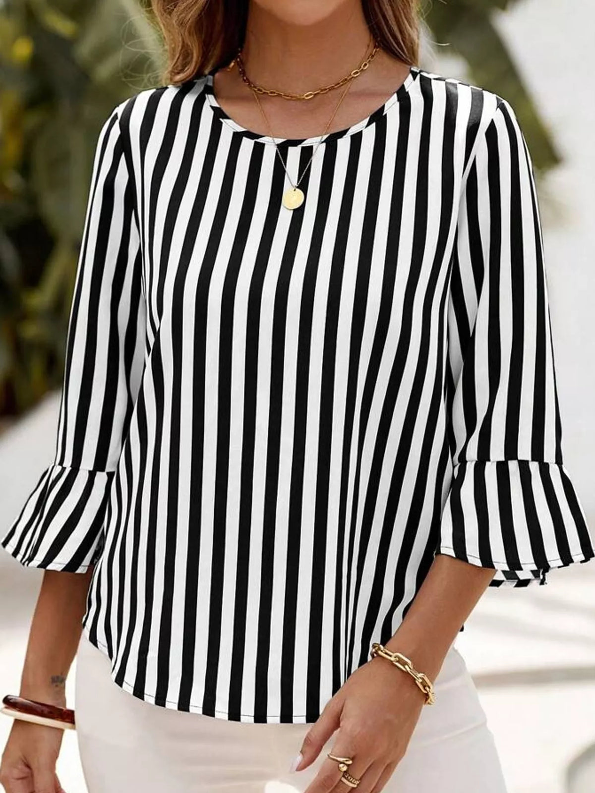 Striped Bell Sleeve Blouse — front view