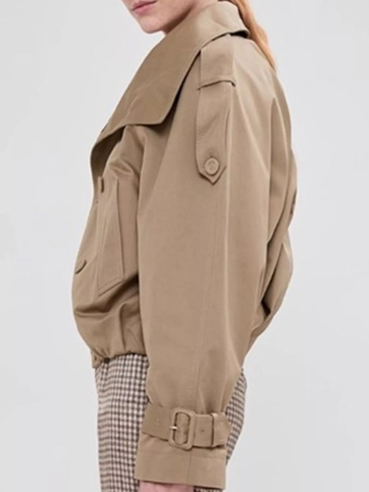 Women's Double-Breasted Cropped Trench Jacket in camel — side view
