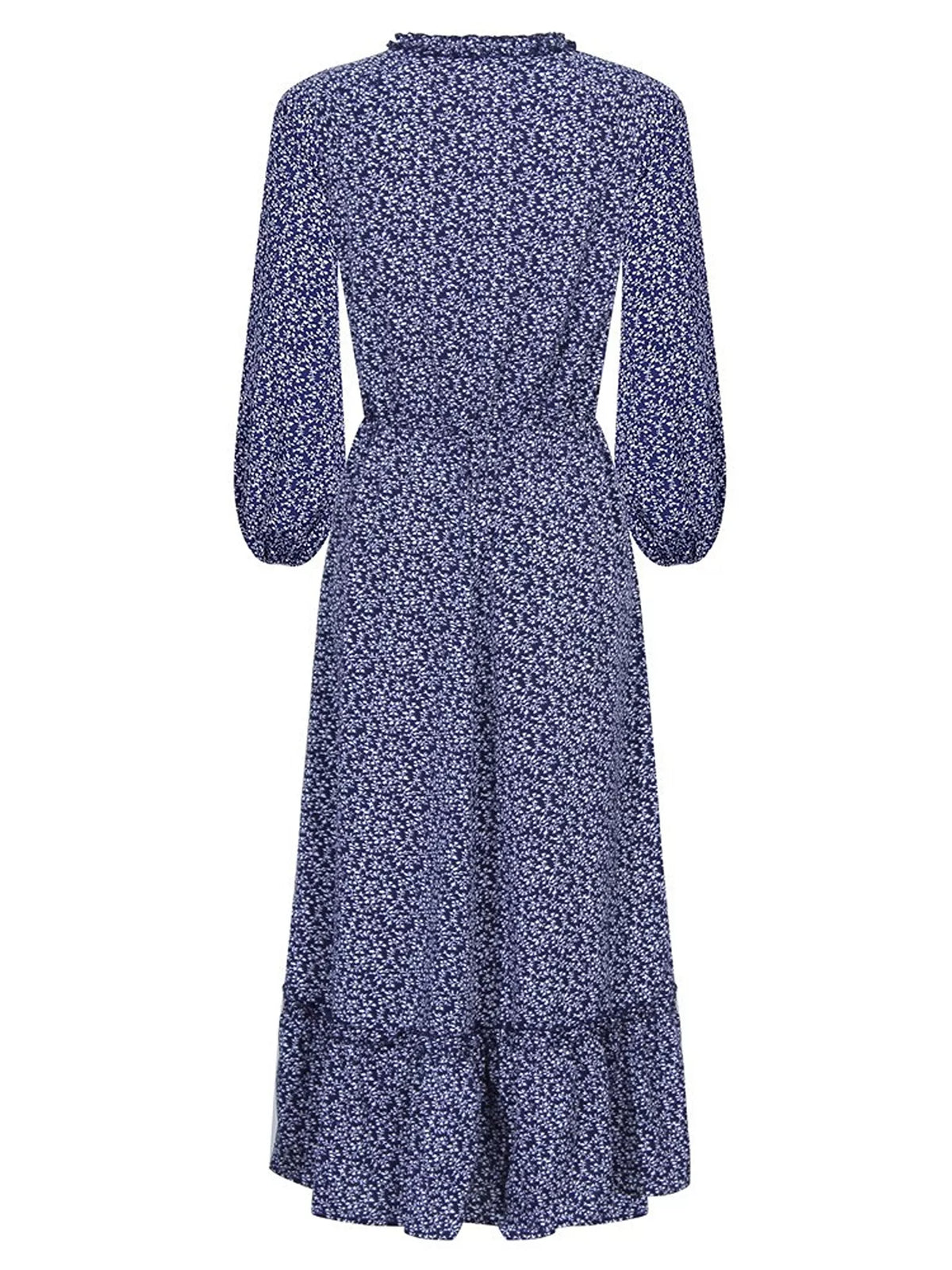 Women's Floral Print Long-Sleeve Ruffle Hem Midi Dress in Royal Blue, side view