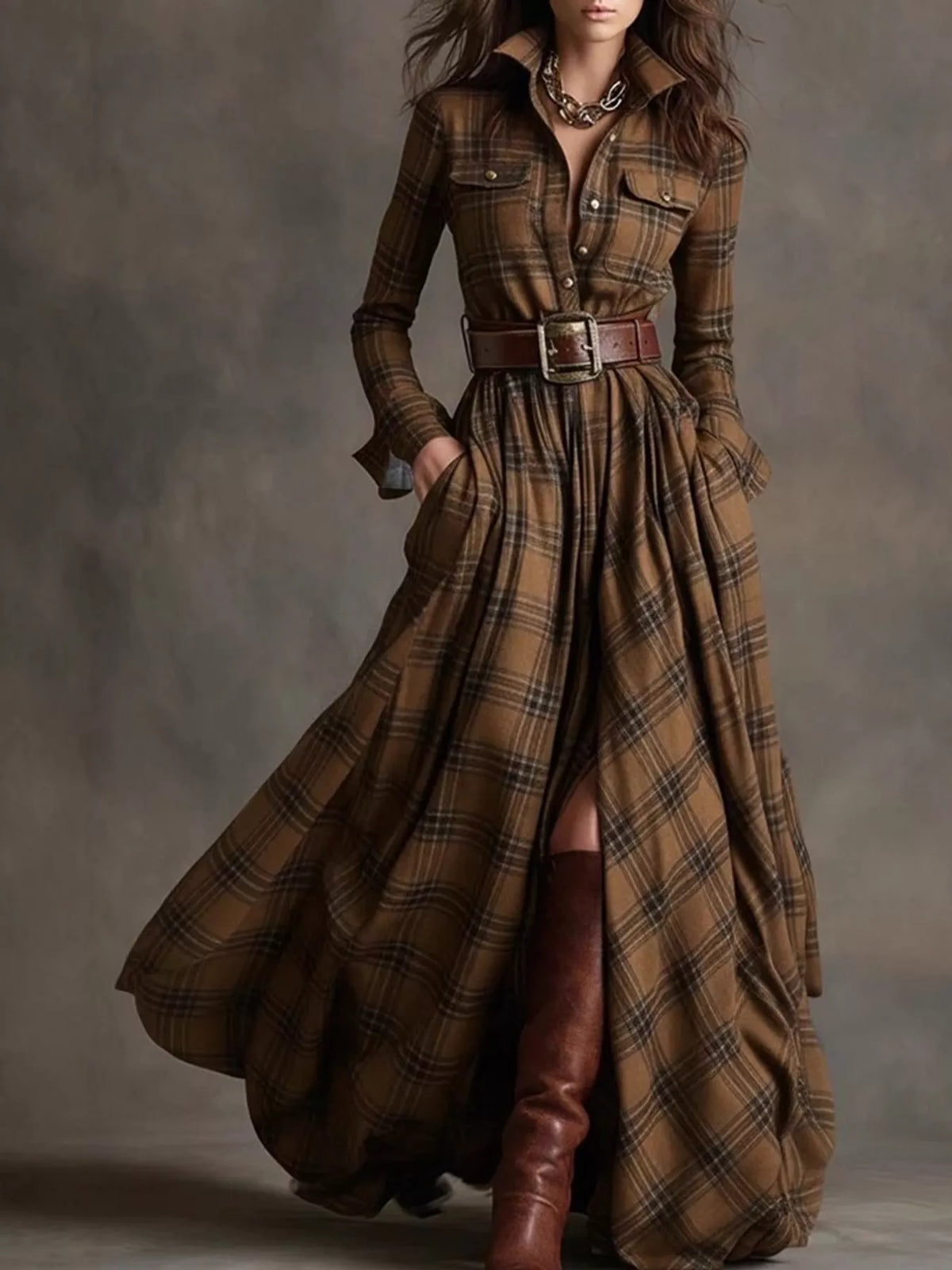 Vintage Plaid Button-Down Maxi Shirt Dress in khaki