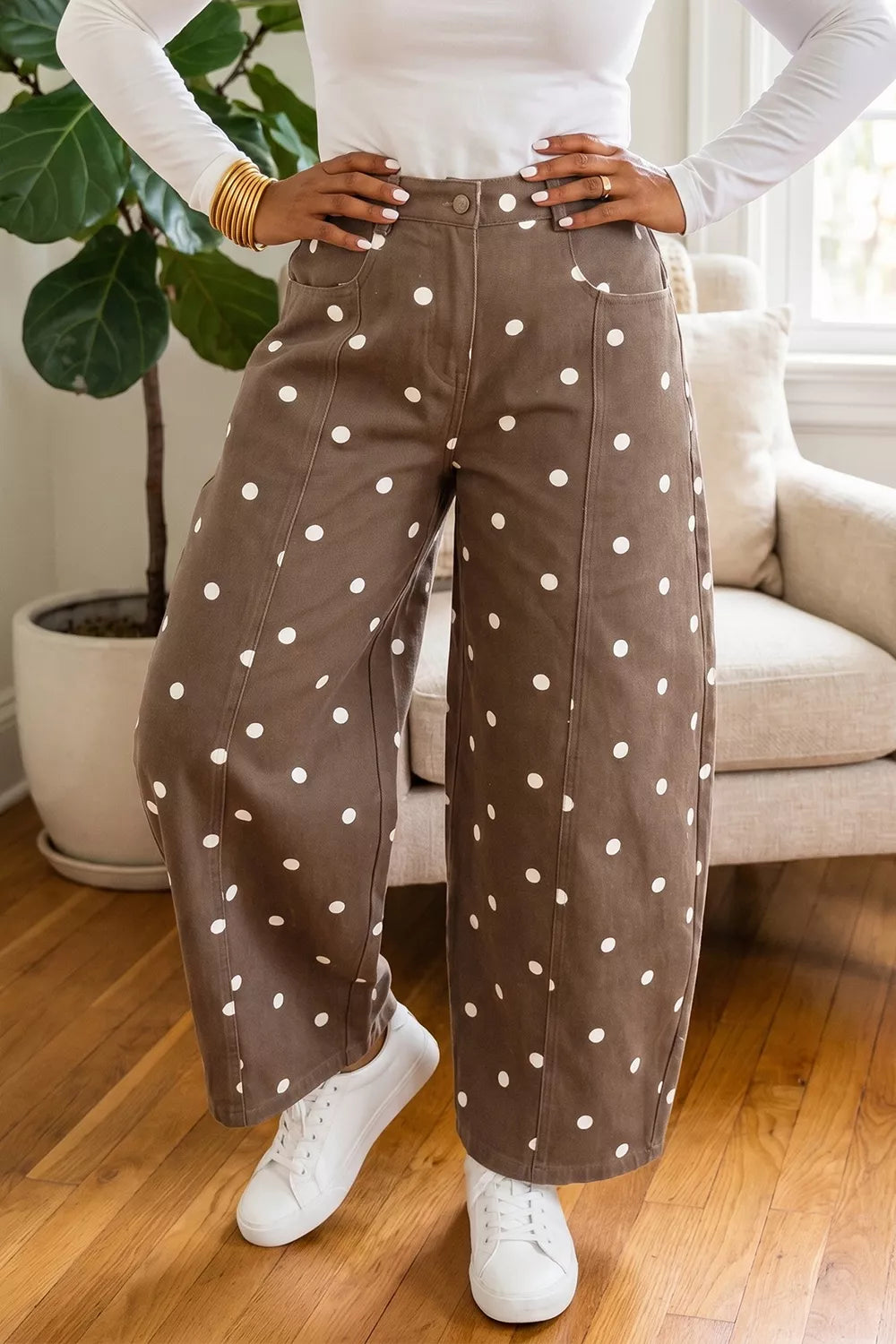 Trendsi Tailored Seam Polka Dot Print Barrel Casual Jeans -