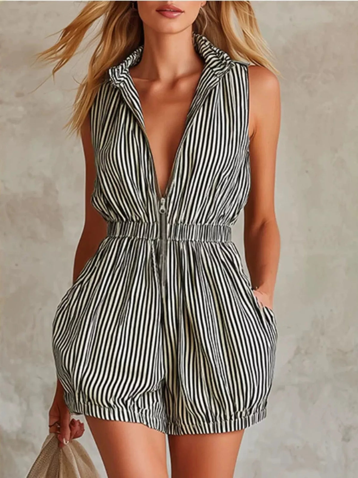 Sleeveless striped romper with front zipper
