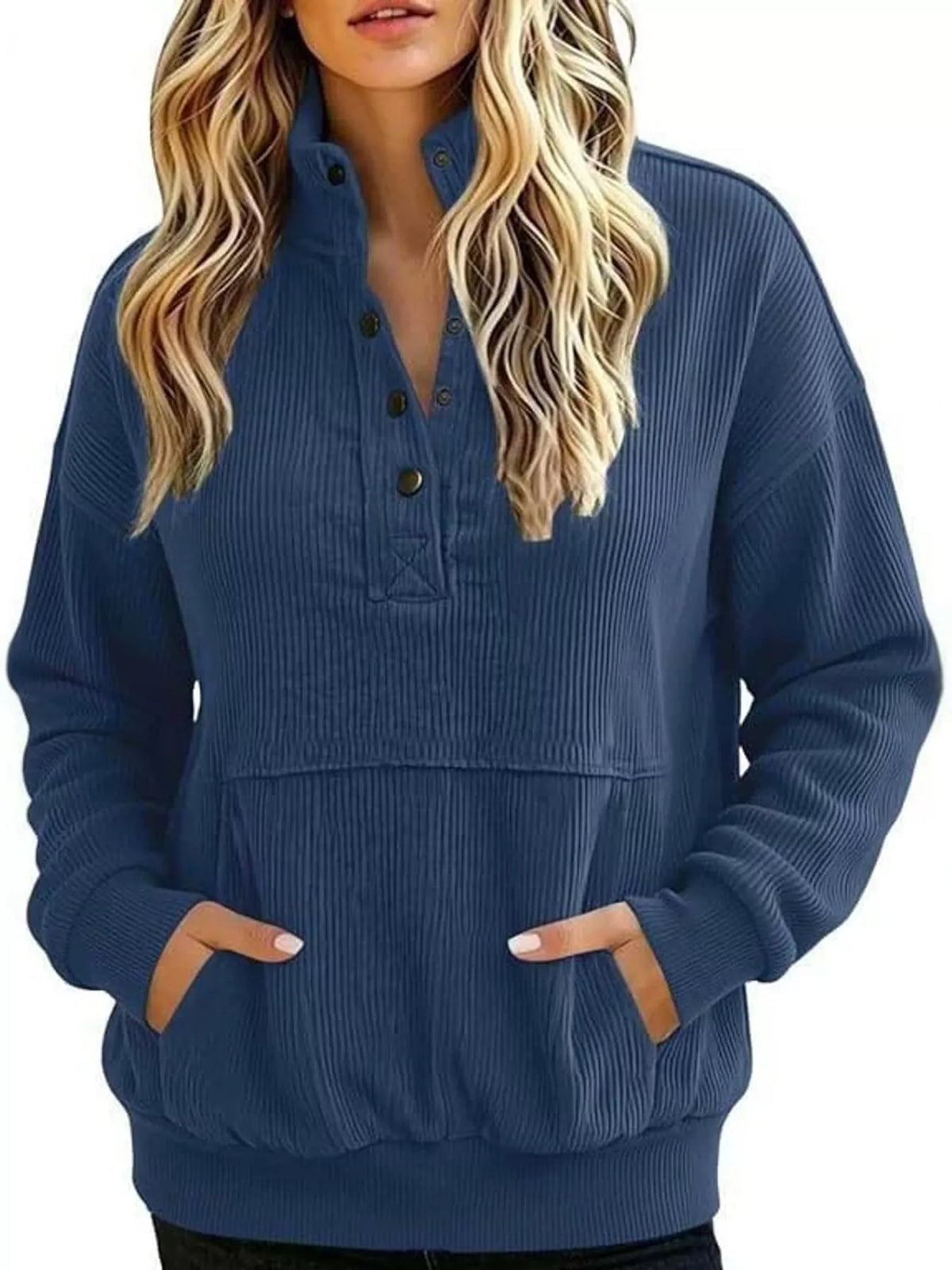 Quarter-snap sweatshirt, blue front