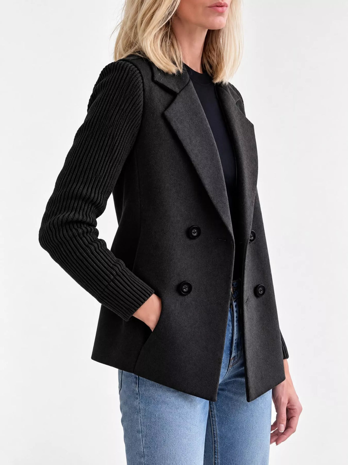 Black double-breasted lapel collar blazer — side view