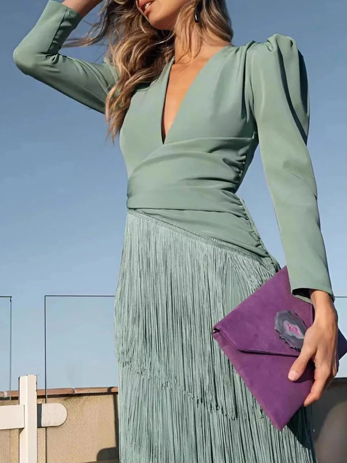 Women's Fringed V-Neck Puff Sleeve Midi Dress in sage — front view