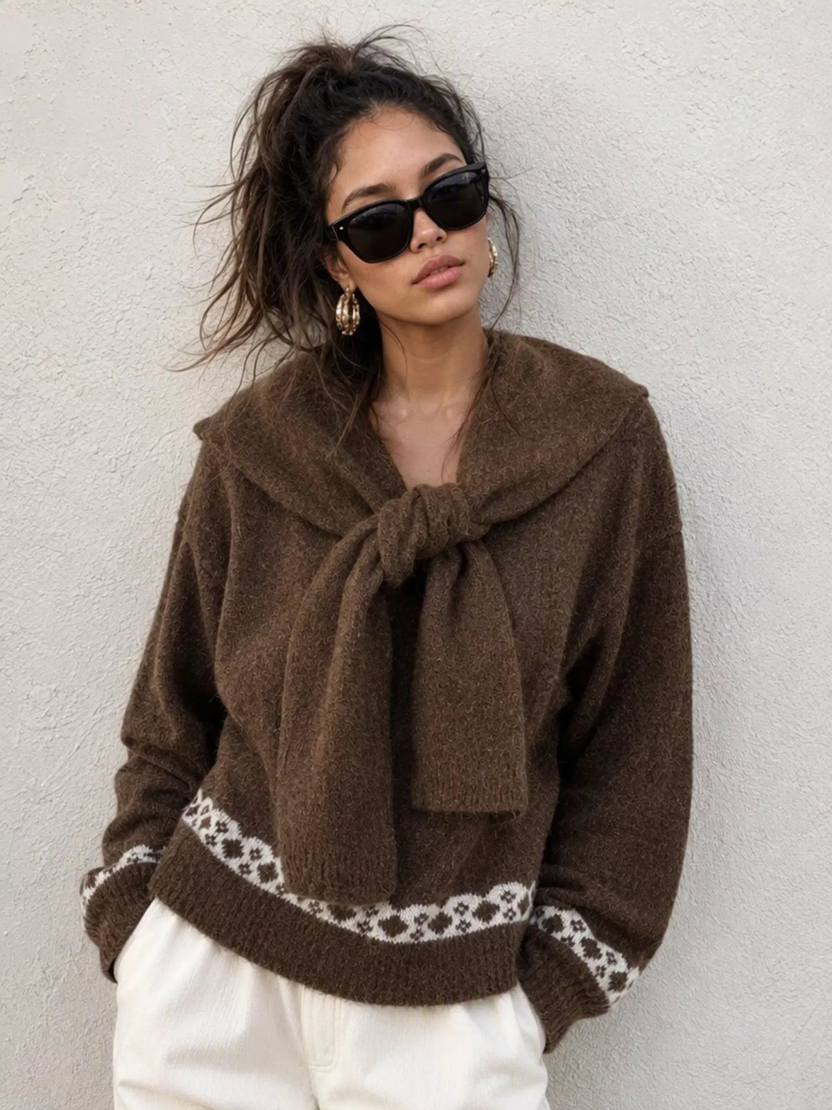 Brown scarf-detail dropped-shoulder sweater, standing front view.