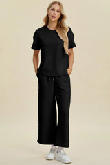 Trendsi Double Take Full Size Texture Round Neck Short Sleeve Top and Pants Set -