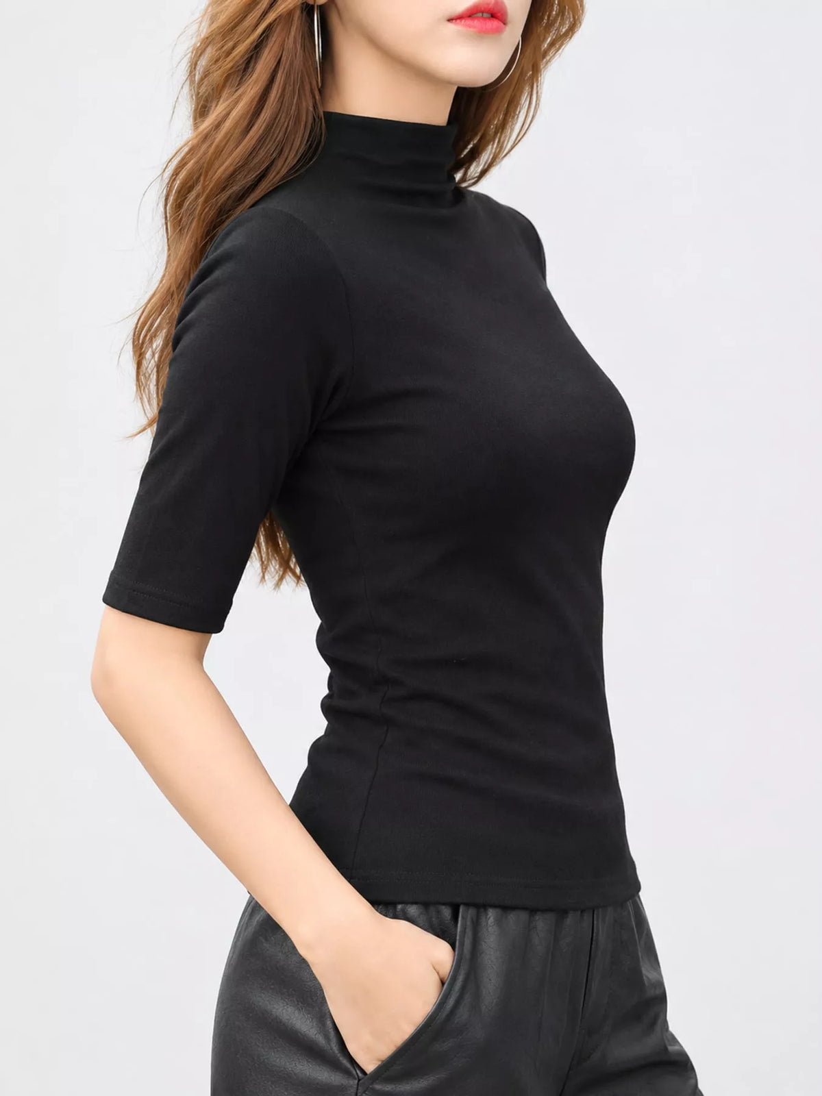 Black mock neck half sleeve t-shirt, side view