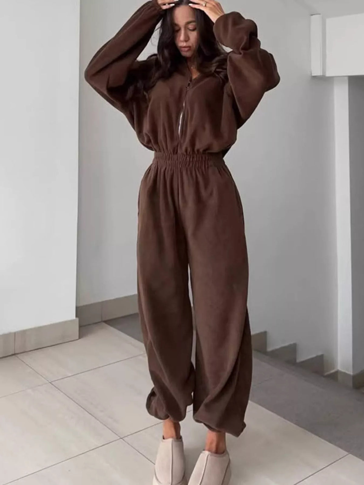 Zip Front Long Sleeve Jumpsuit — front view