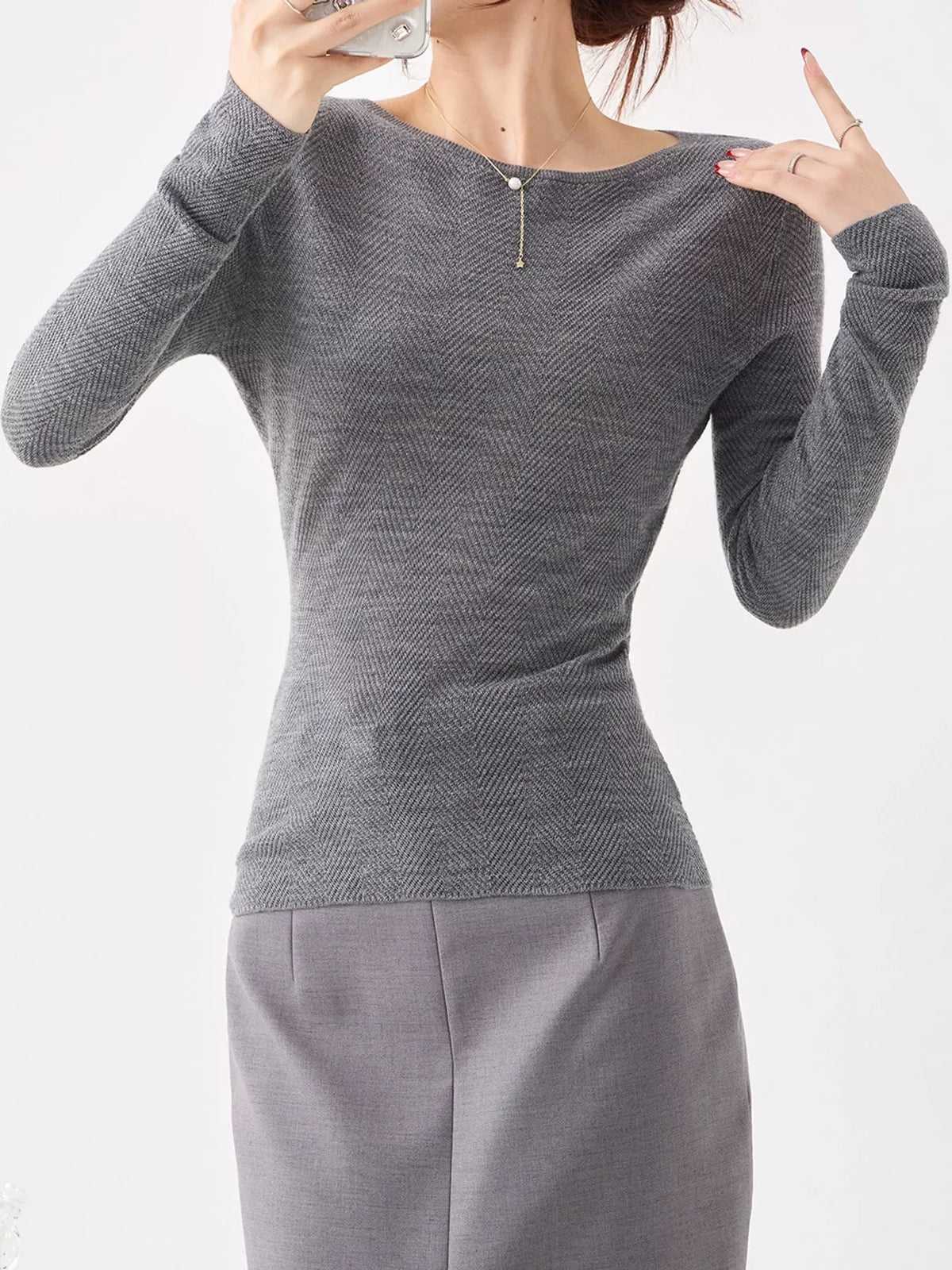 Gray herringbone knit sweater