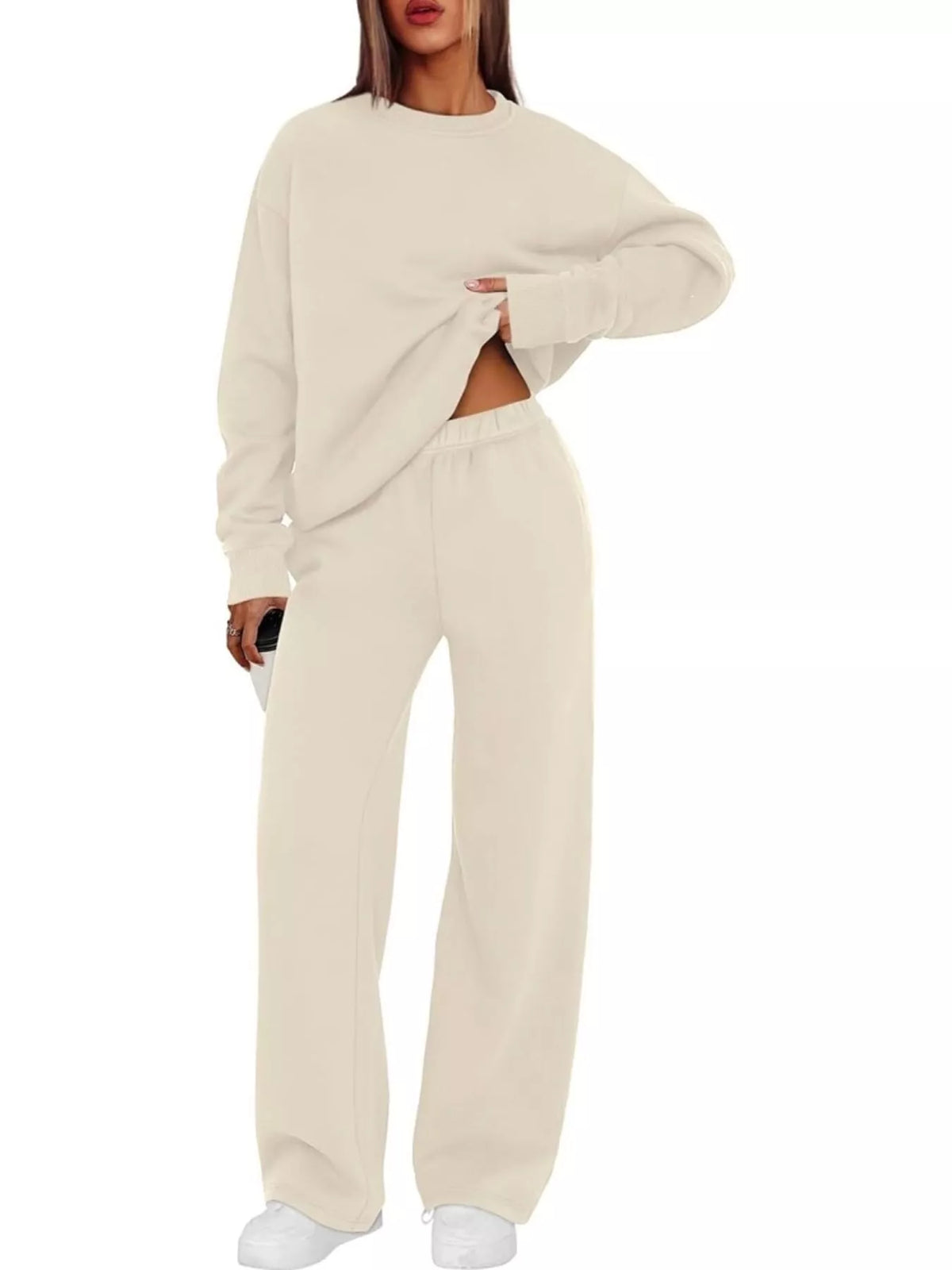 Crewneck Drop Shoulder Sweatshirt and Wide-Leg Pants Set — front view