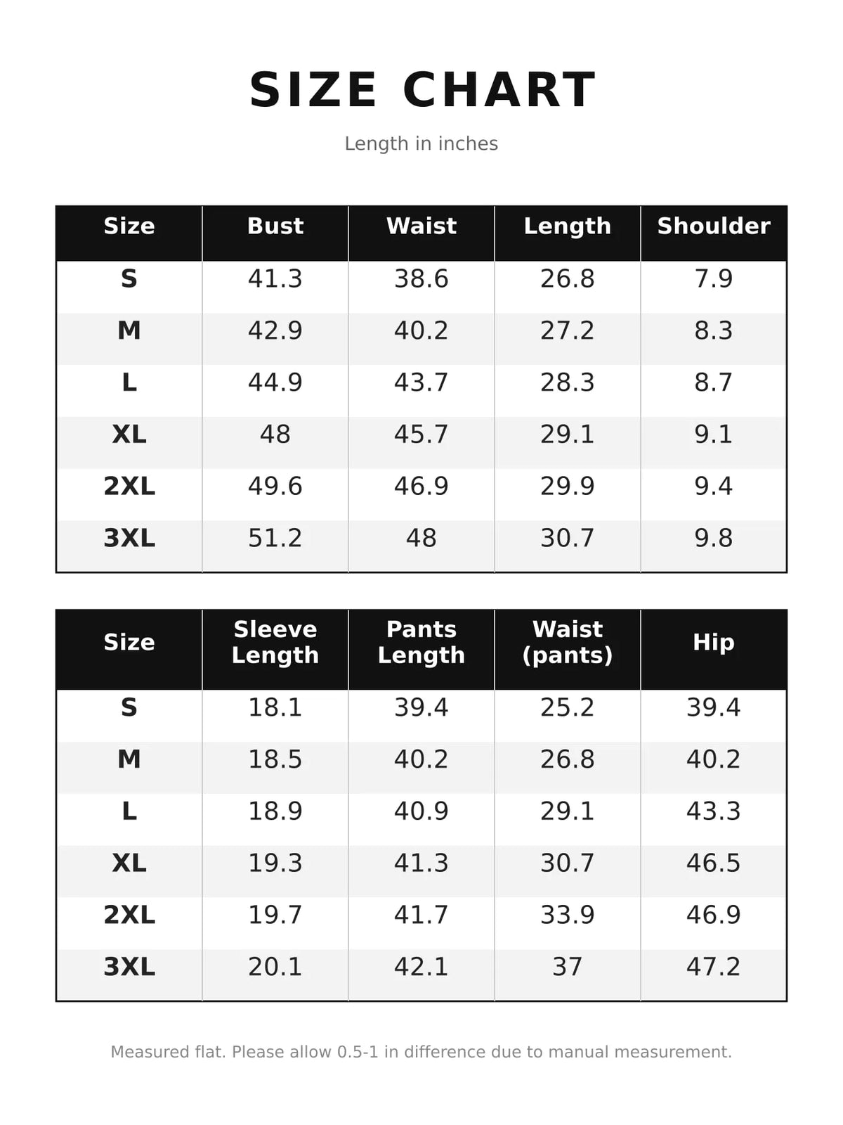 Size chart for turtleneck long sleeve top and pants sweater set