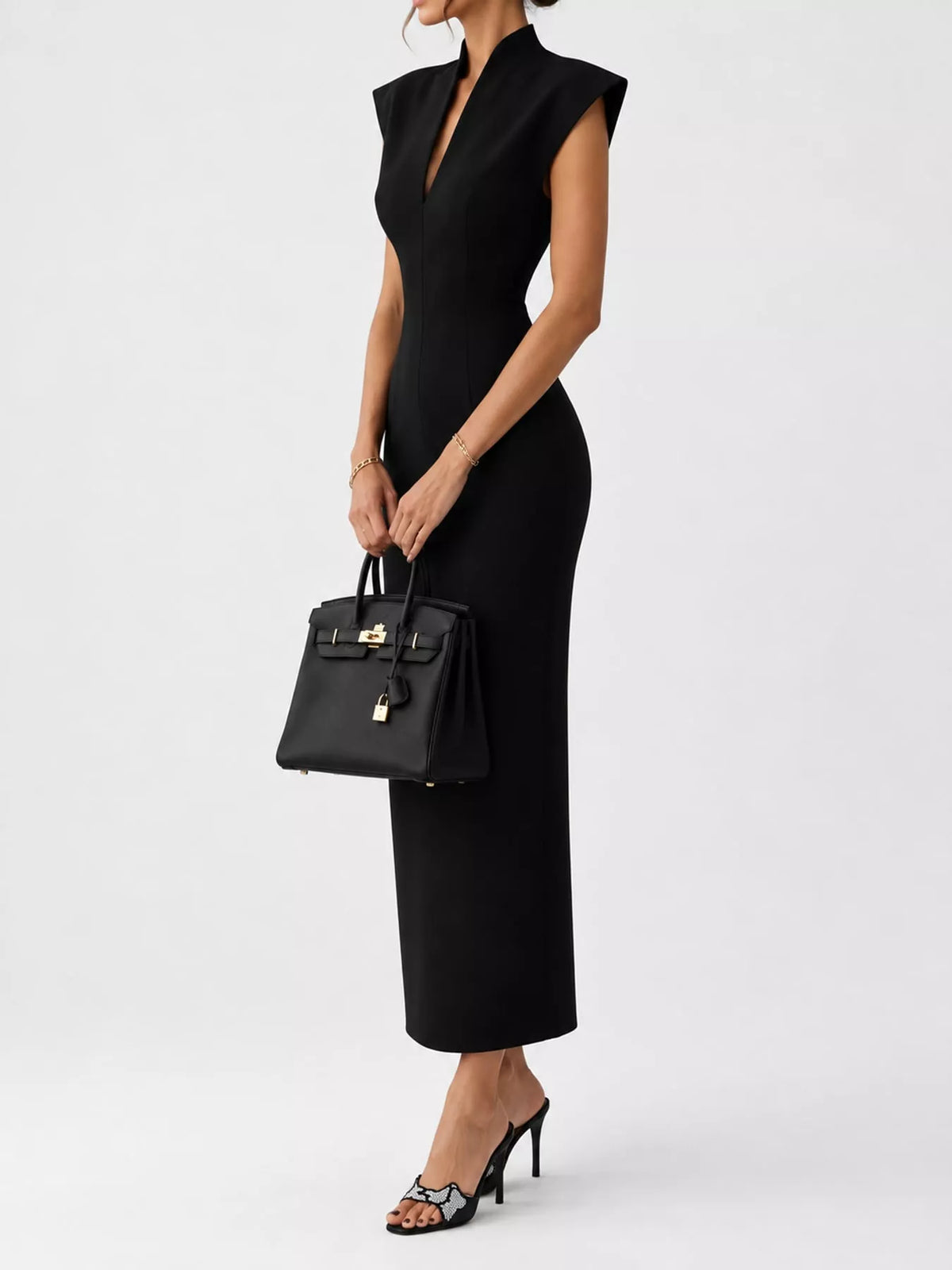 Women's Slit Sleeveless Bodycon Midi Dress in black — side view