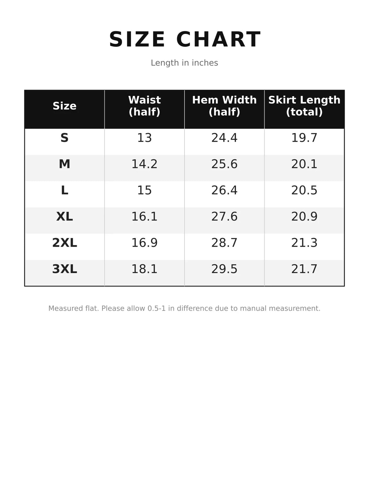 High-Waisted Athletic Skort with Side Pockets — size and measurement chart