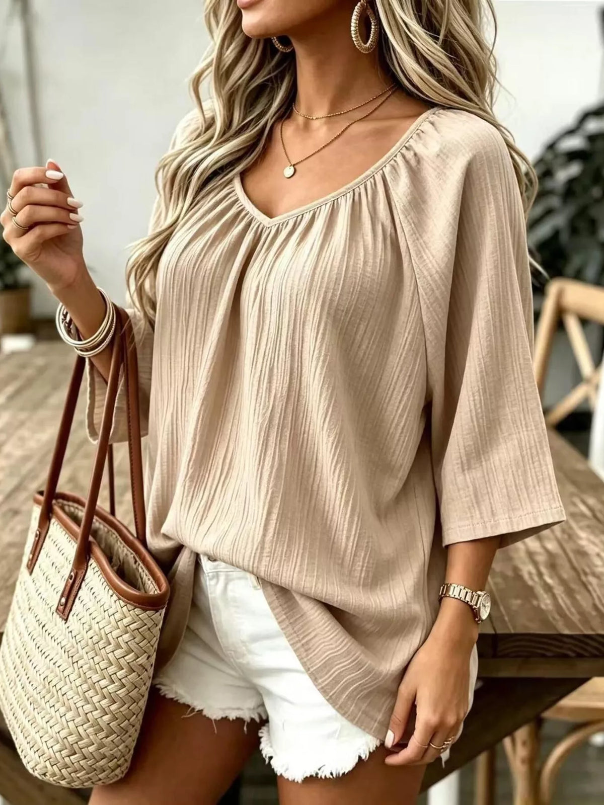 Textured V-Neck Casual T-Shirt, front view