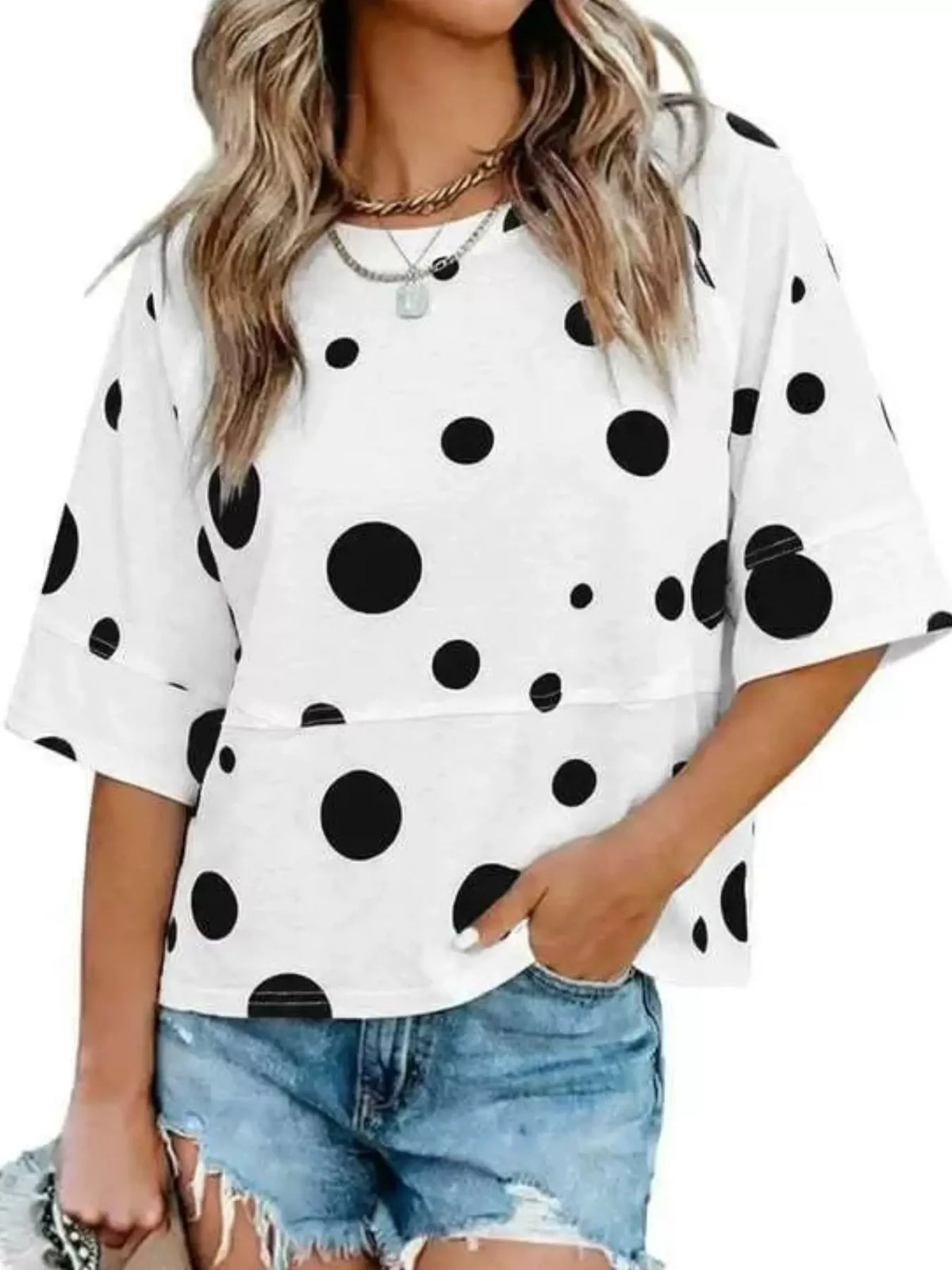 Printed Relaxed Fit T-Shirt in white with black polka dots, front view