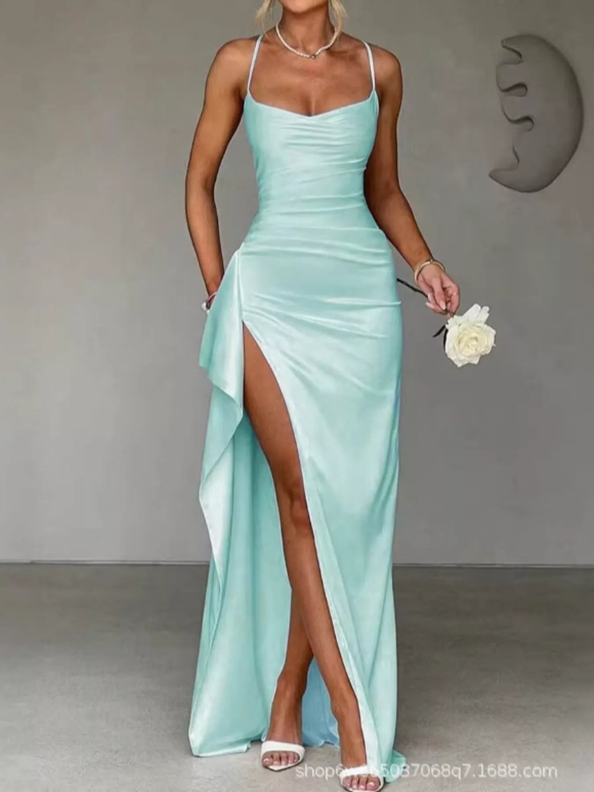 Turquoise satin ruched high slit maxi dress, front view