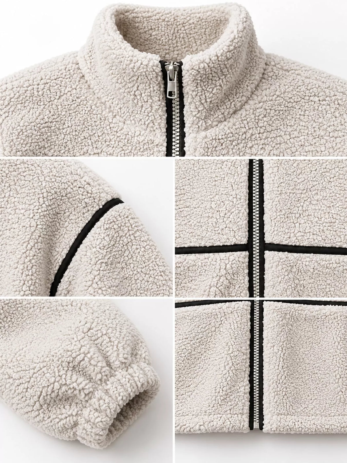 Stand Collar Sherpa Fleece Zip-Up Jacket — garment construction details