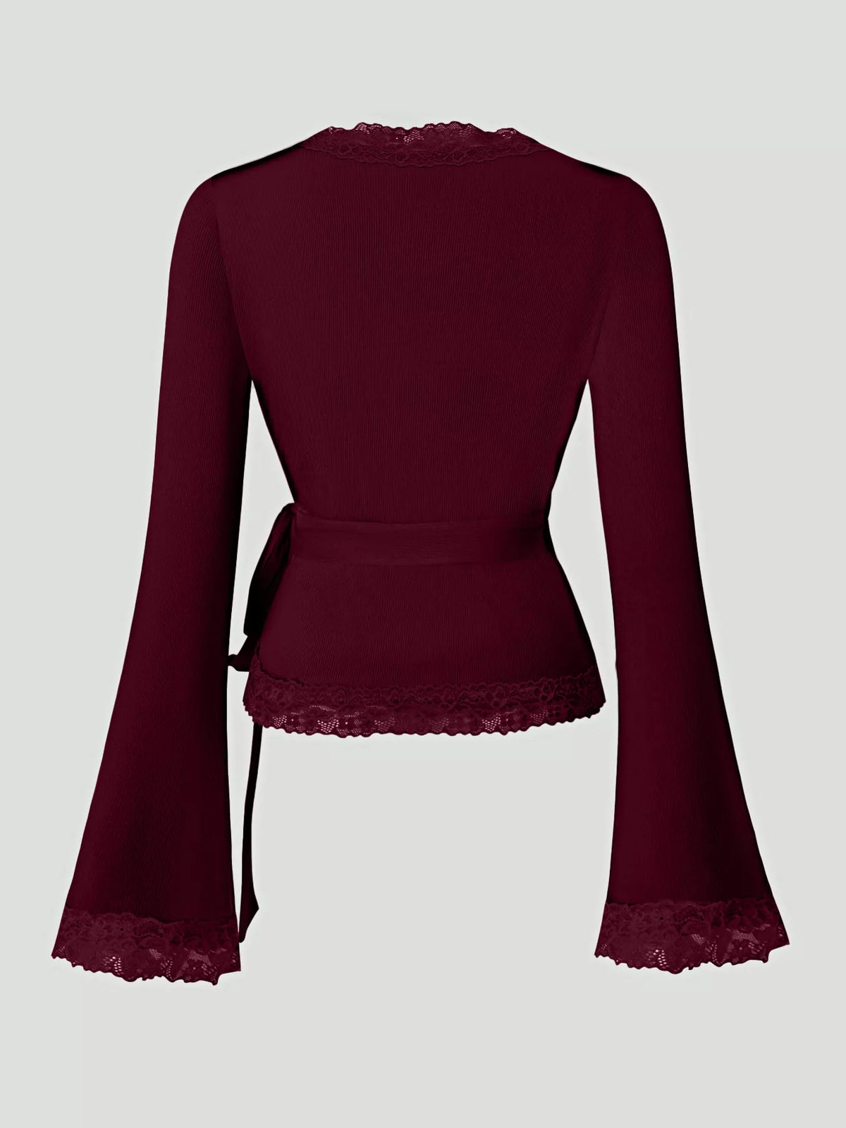 Women's Lace Trim Flare Sleeve Blouse in burgundy — back view