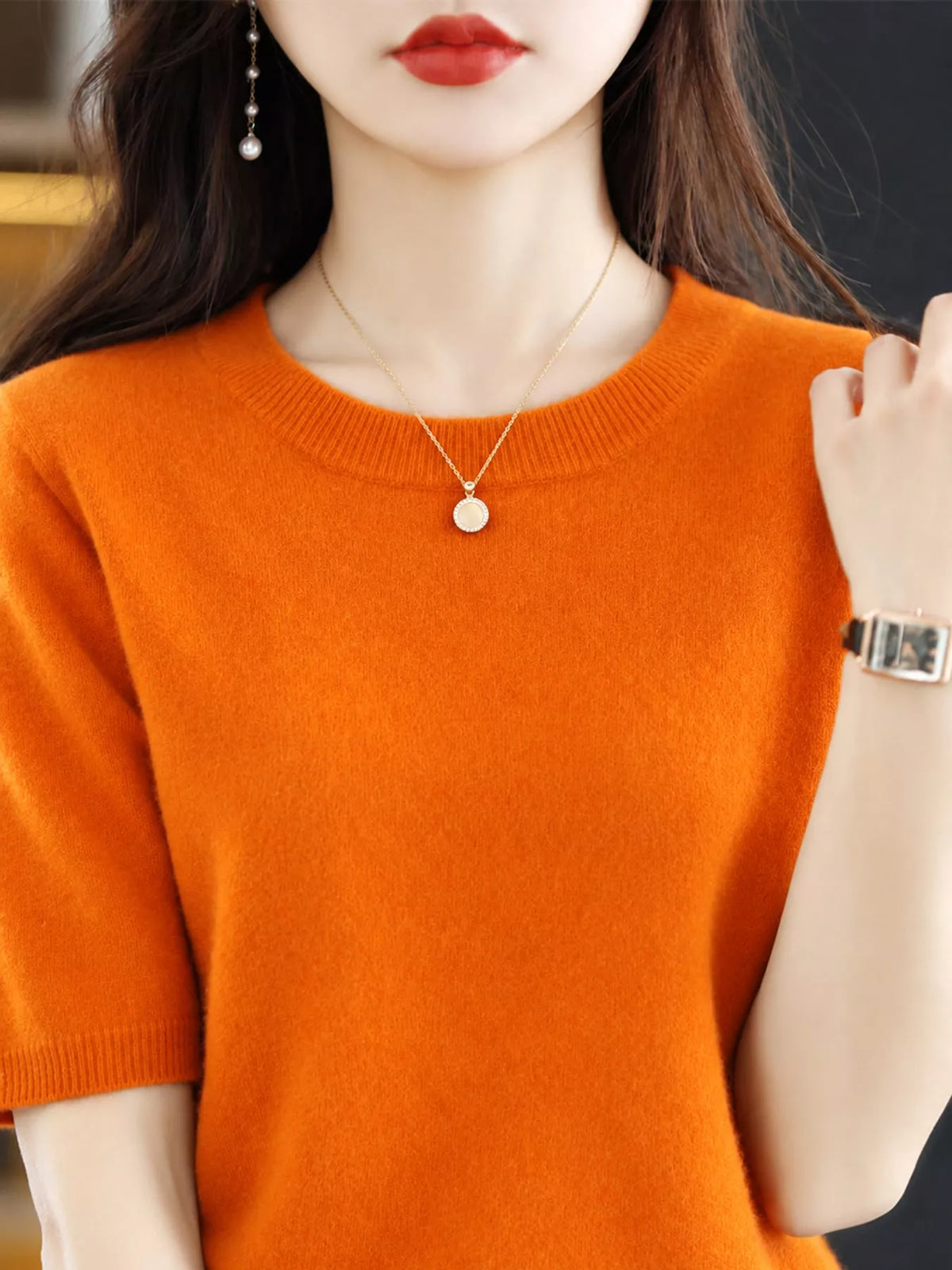 Orange round neck short sleeve sweater