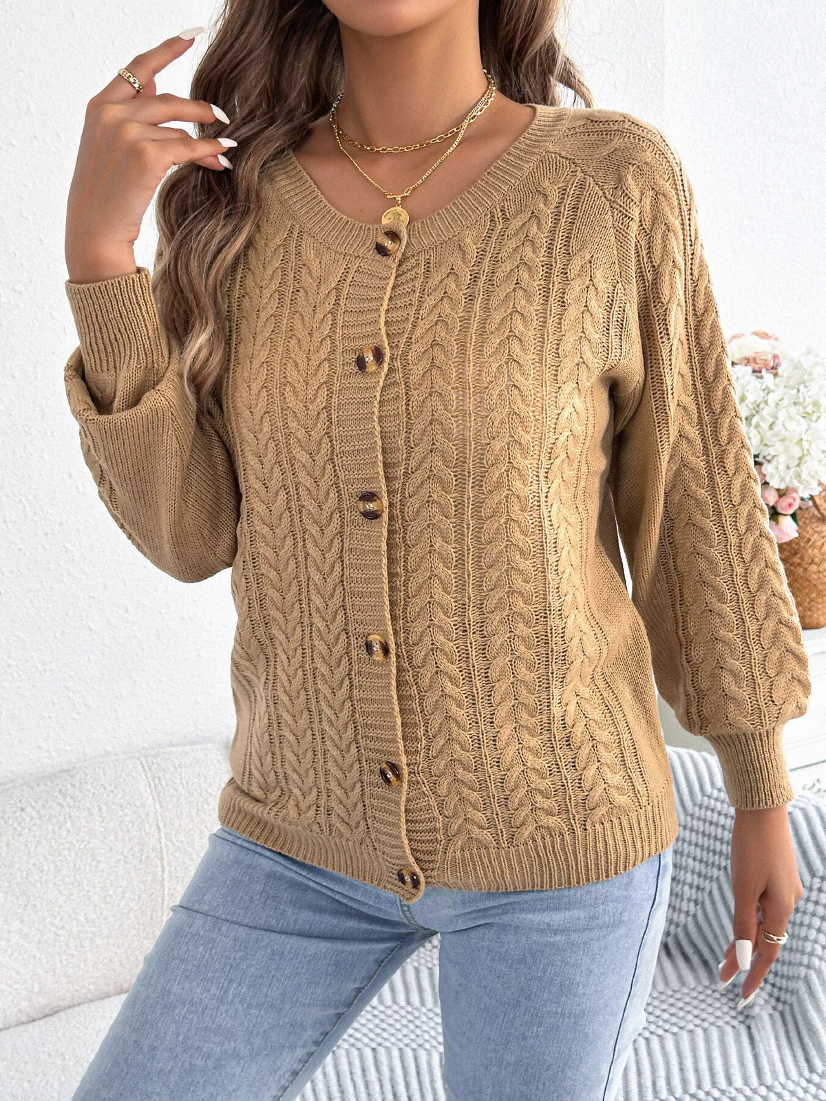 Khaki Color cable knit button-front cardigan
