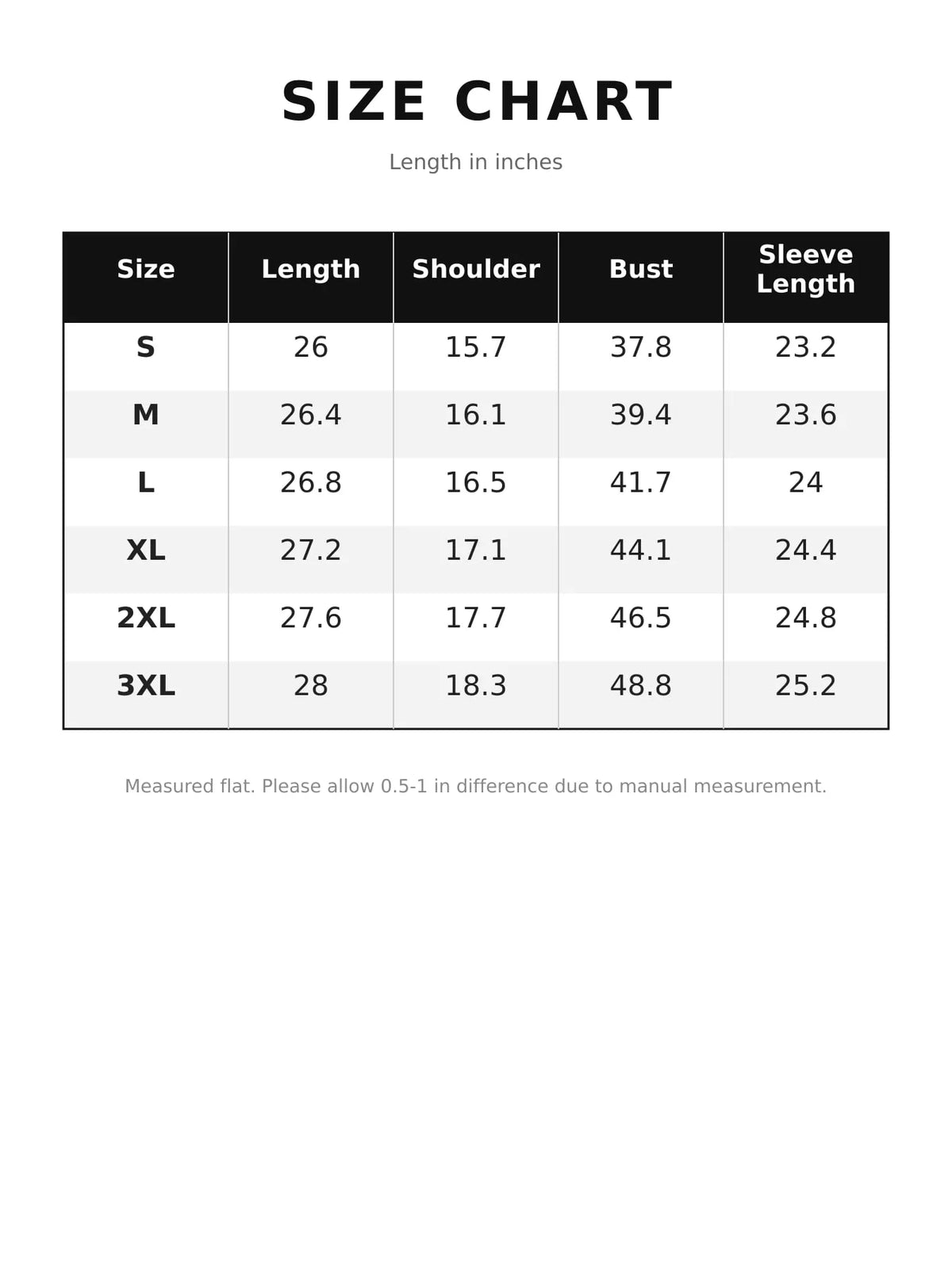 Size chart for sequin shirt