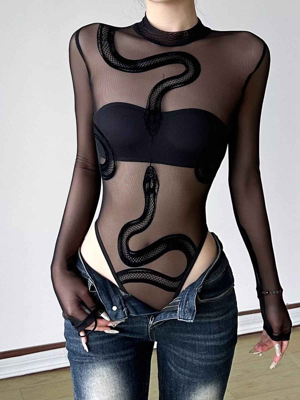 Black sheer mesh snake-motif bodysuit