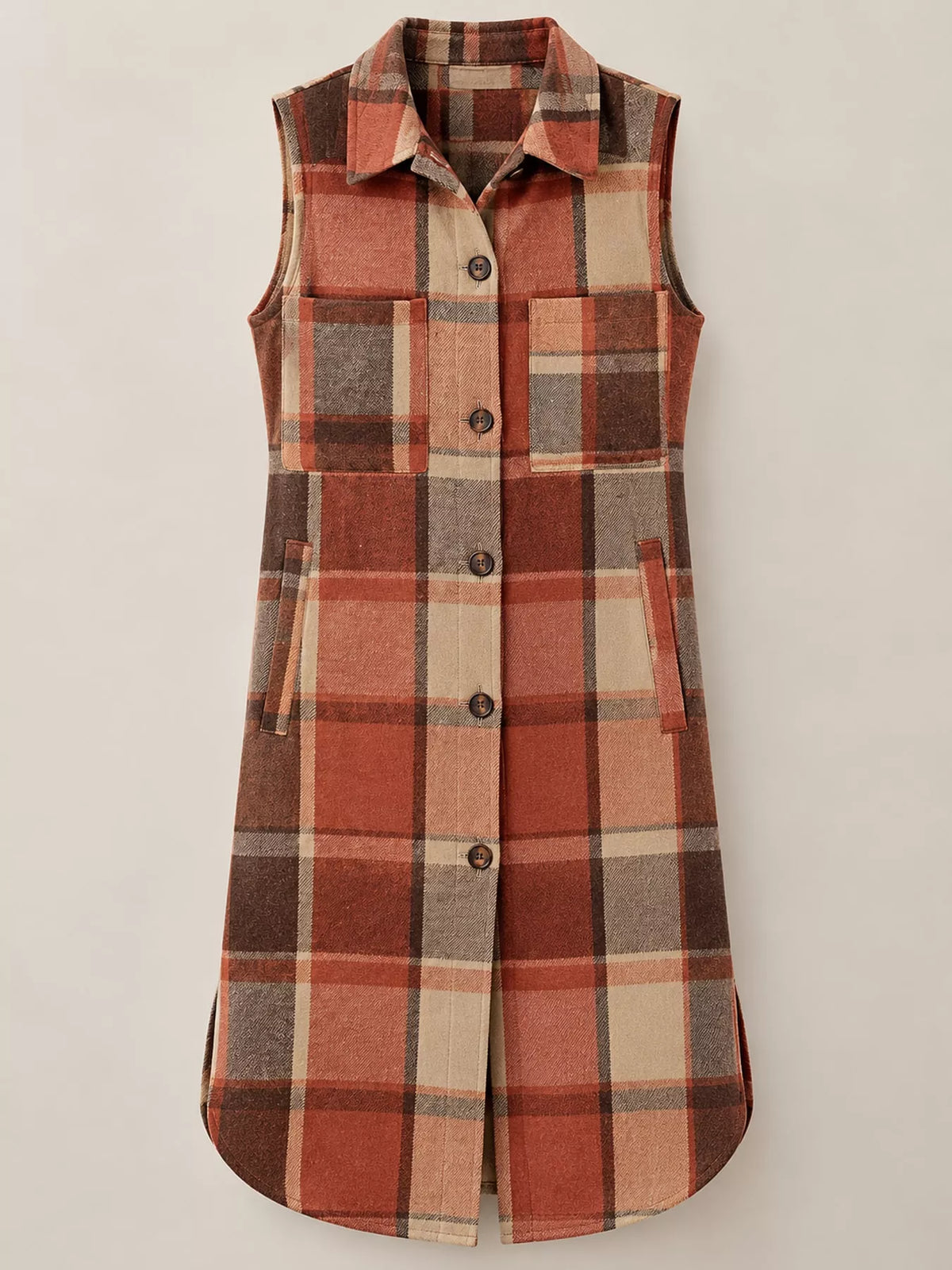 Longline Plaid Button-Down Vest Coat in rust and beige