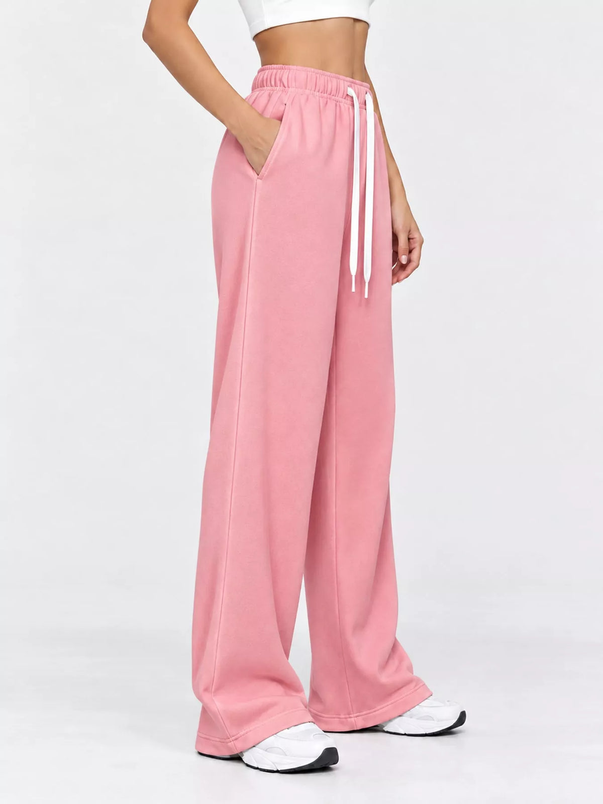 Pink wide-leg pants with drawstring
