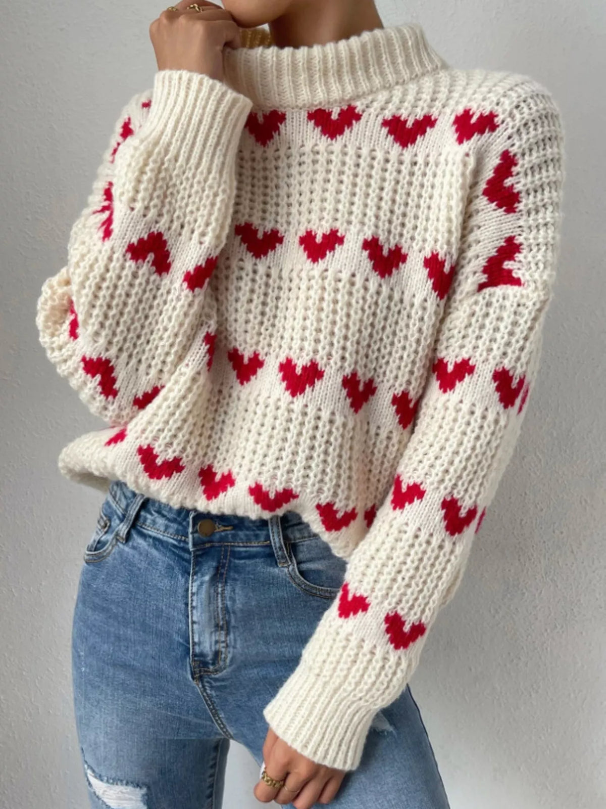 Cream and red heart-pattern chunky-knit sweater, neckline and heart knit detail
