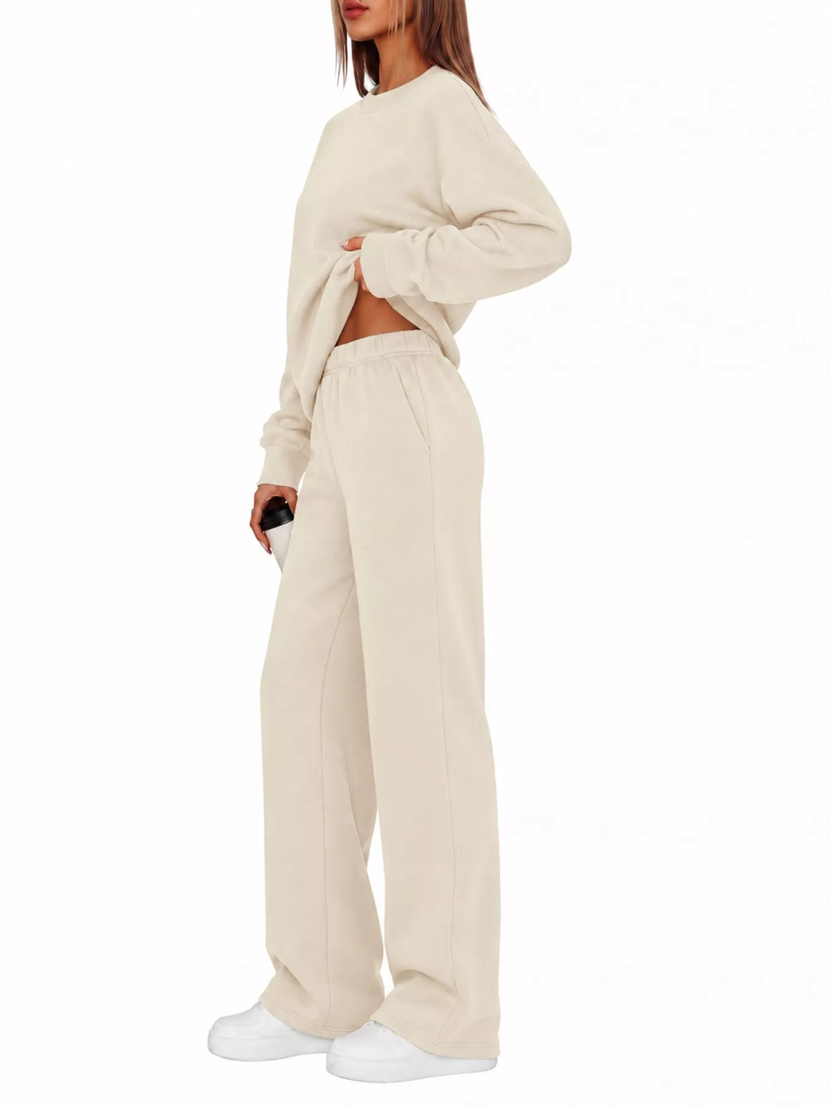 Crewneck Drop Shoulder Sweatshirt and Wide-Leg Pants Set — side view