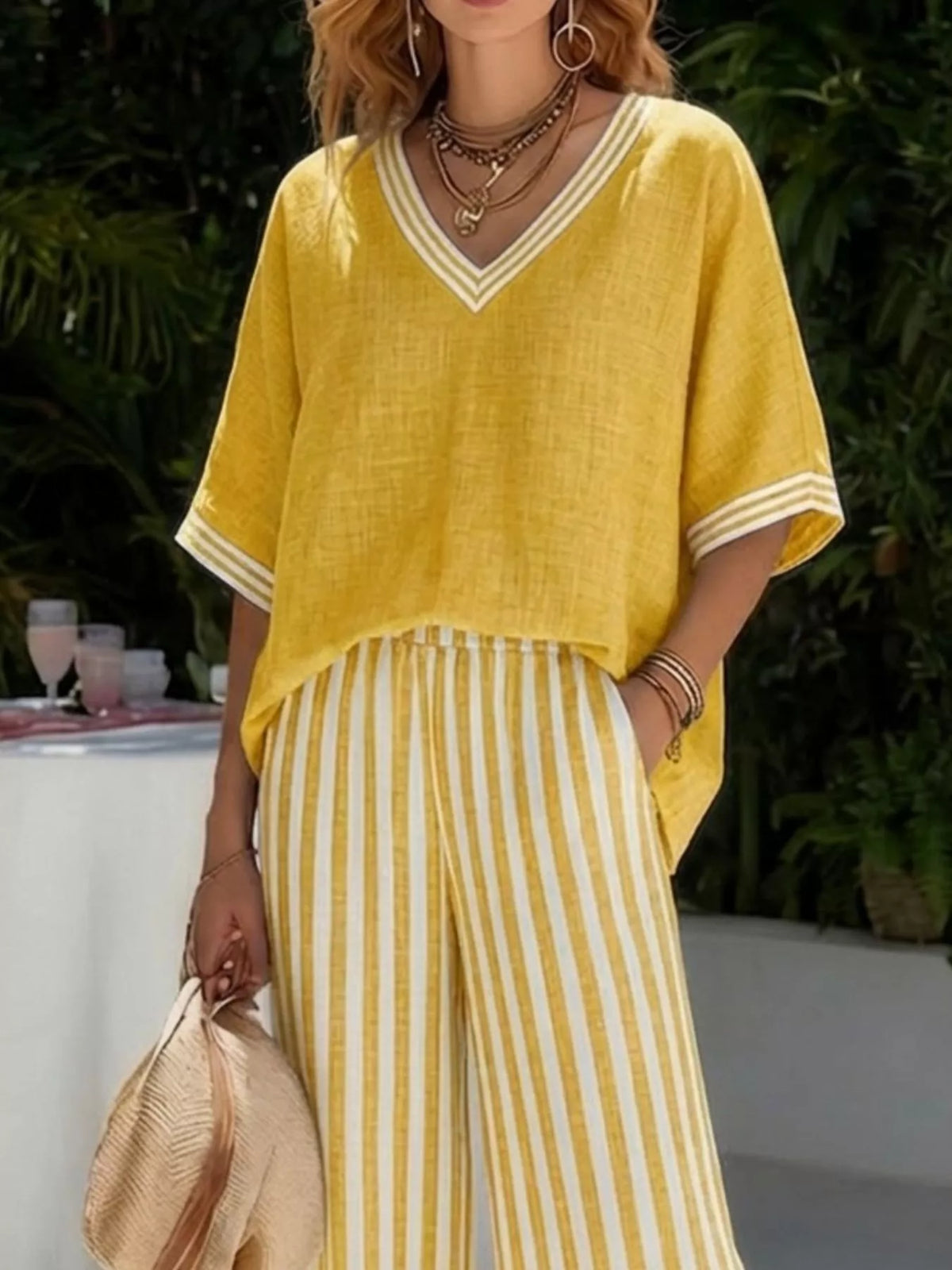 Yellow v-neck striped top and pants two-piece set — design and construction details