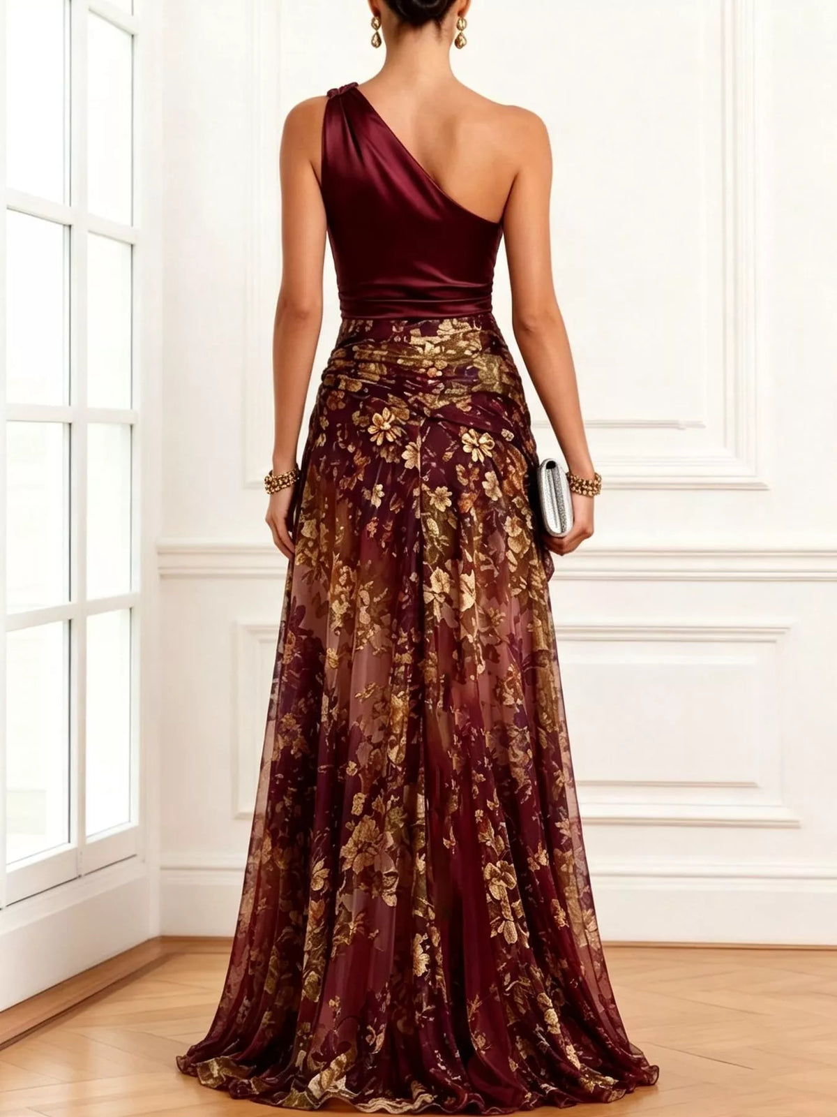 One-Shoulder Floral Print High-Slit Evening Dress — back view