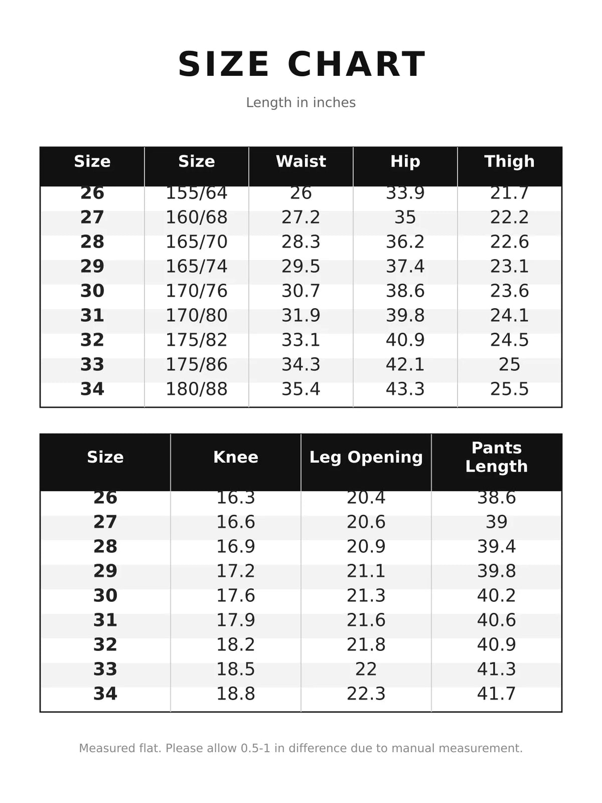Size chart for straight-leg pants