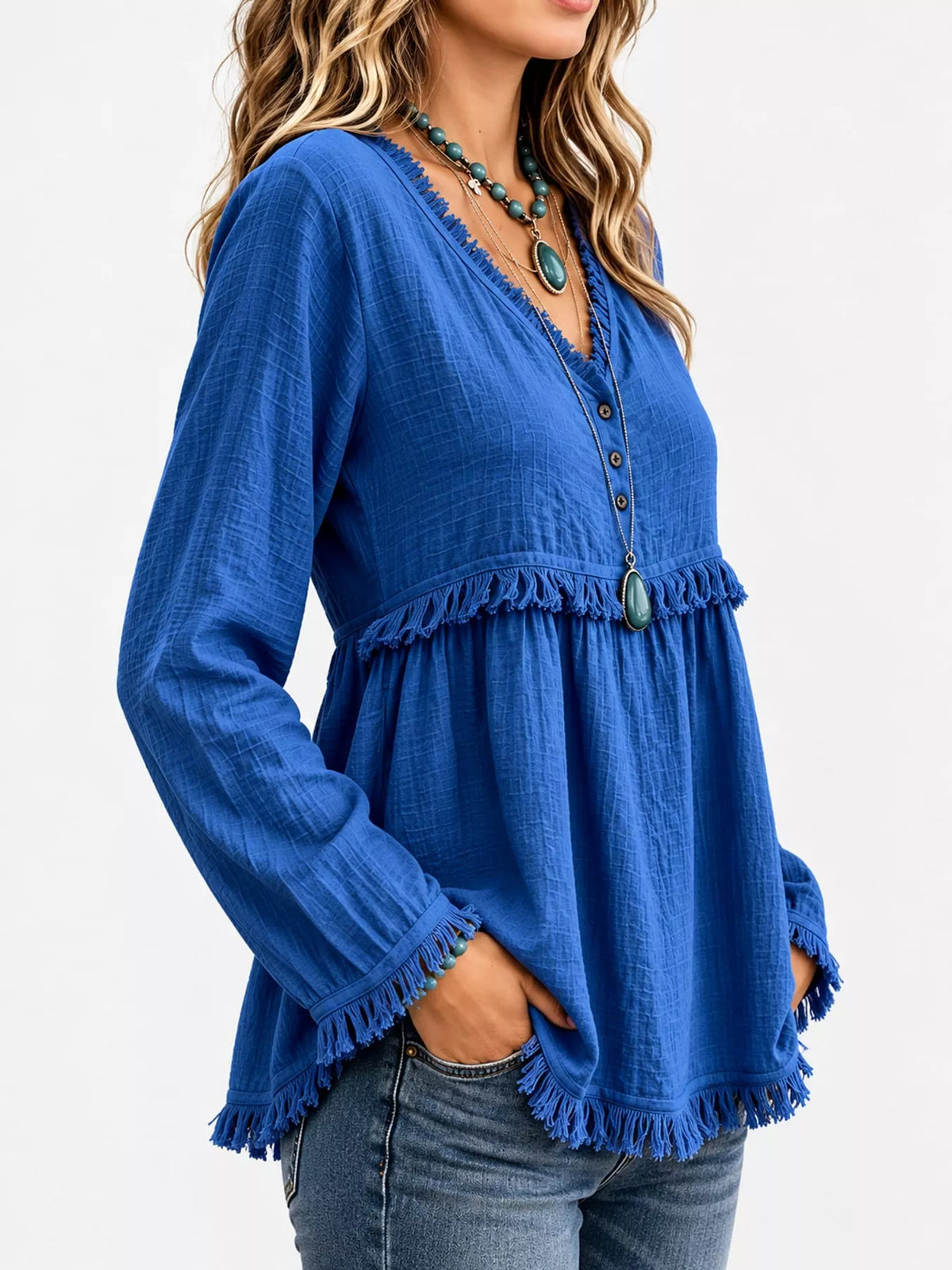 Fringe-trim blouse, blue side