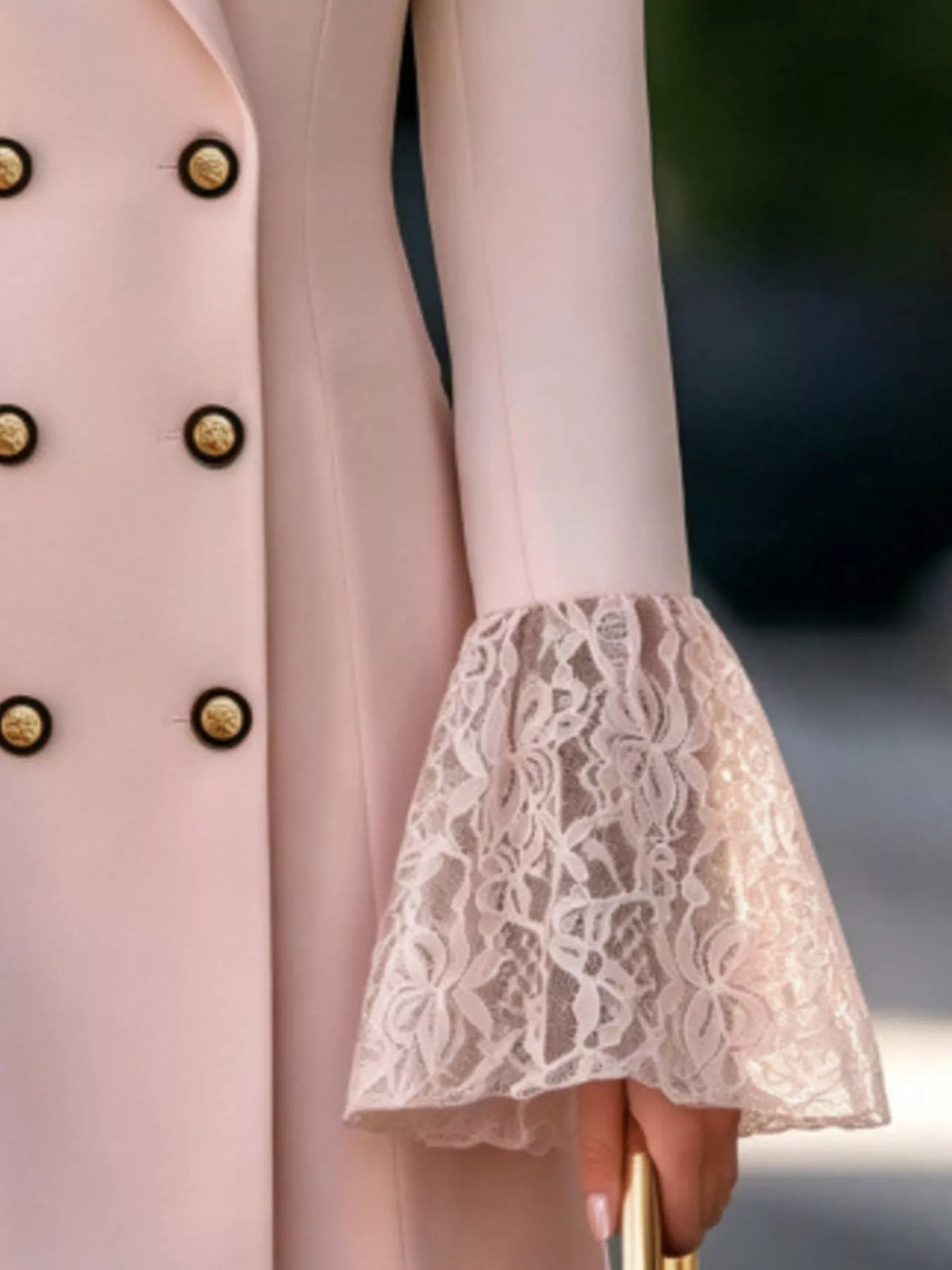 Dusty Pink double-breasted blazer dress with lace flare cuffs, detail view