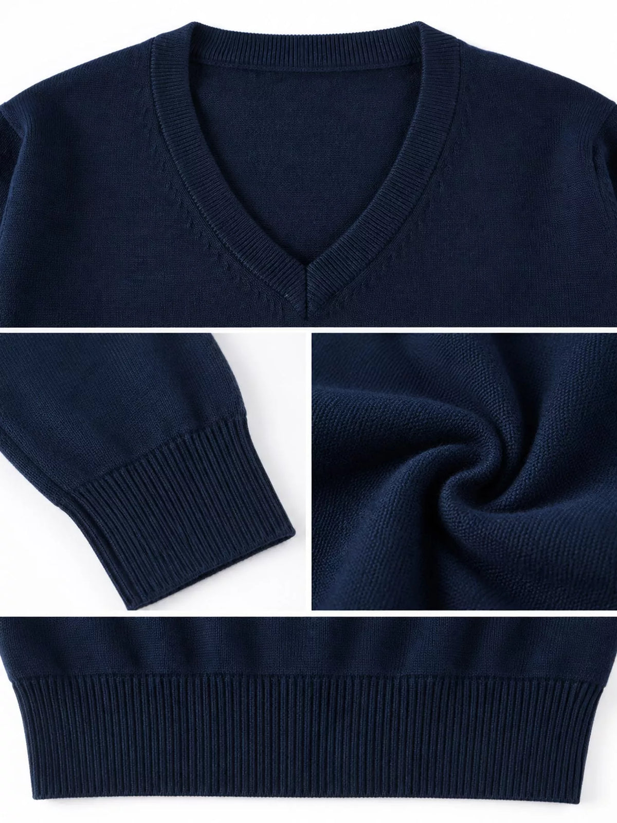 Women's V-Neck Long Sleeve Sweater in navy — detail collage view