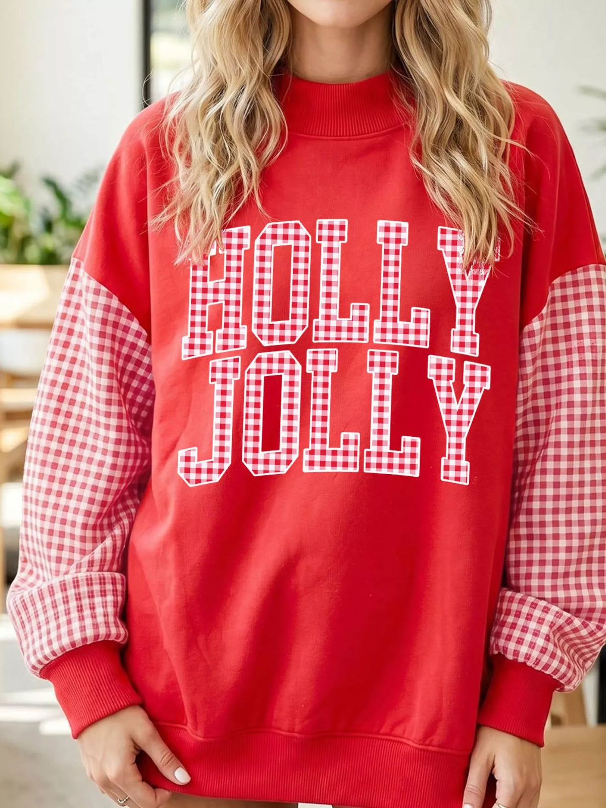 Scarlet christmas slogan plaid sleeve sweatshirt