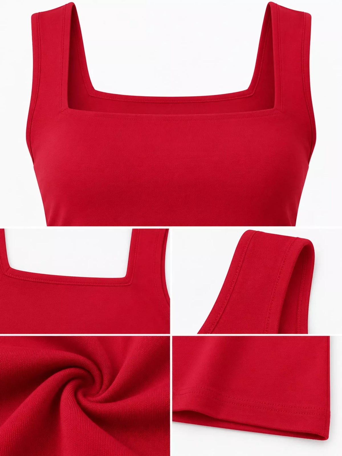Red square-neck tank, fabric and neckline detail collage