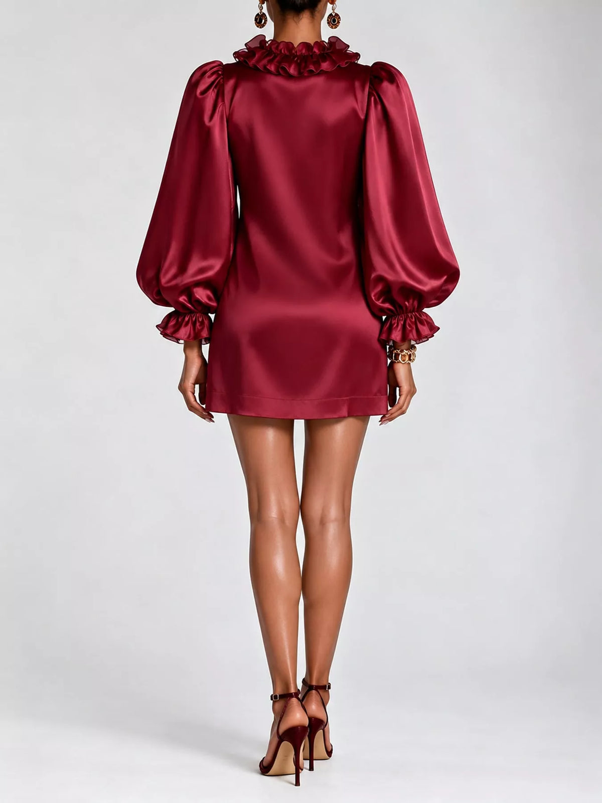 Ruffle Trim Puff Sleeve Mini Dress in burgundy, back view