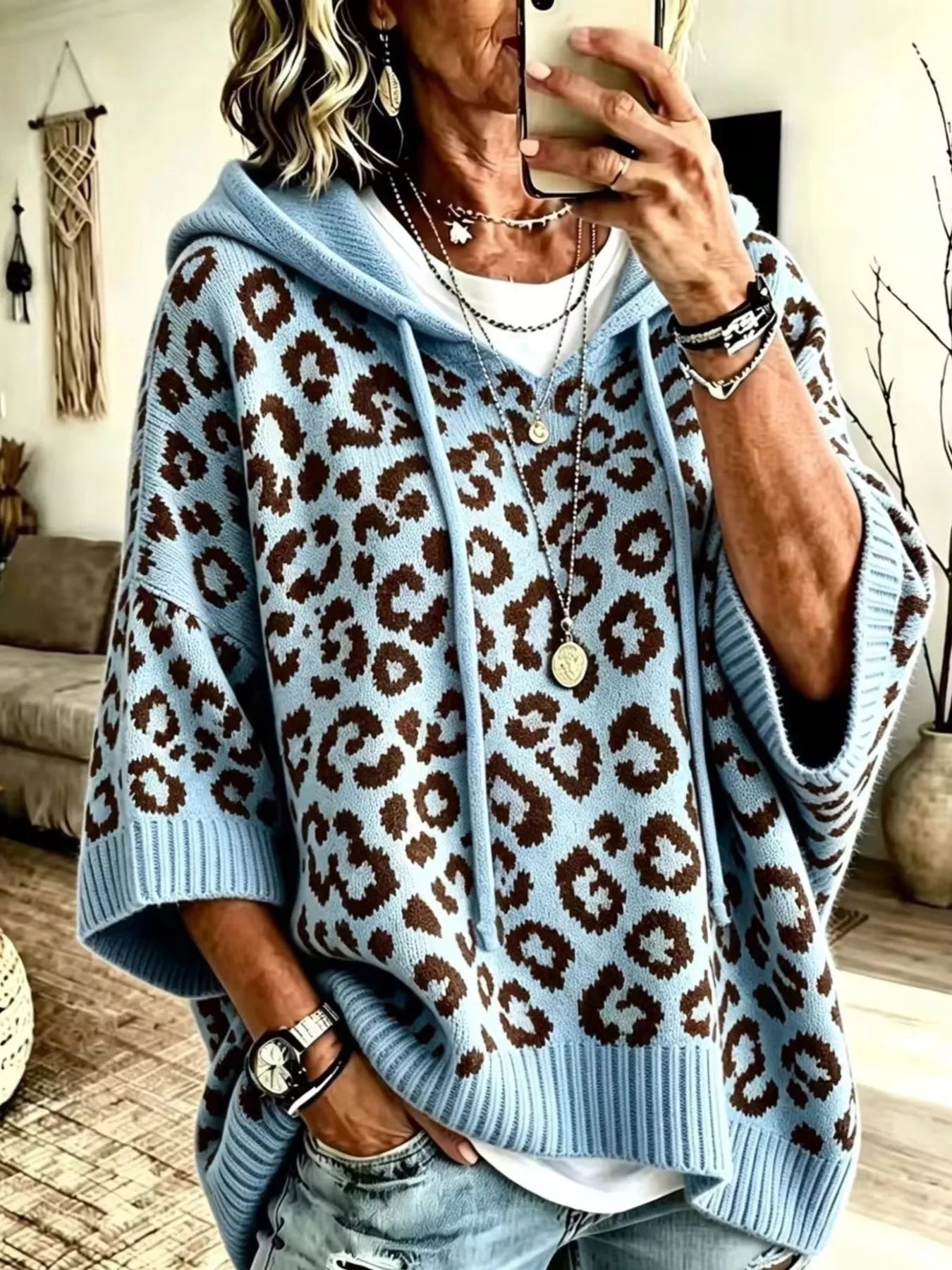 Trendsi Drawstring Leopard Hooded Sweater -