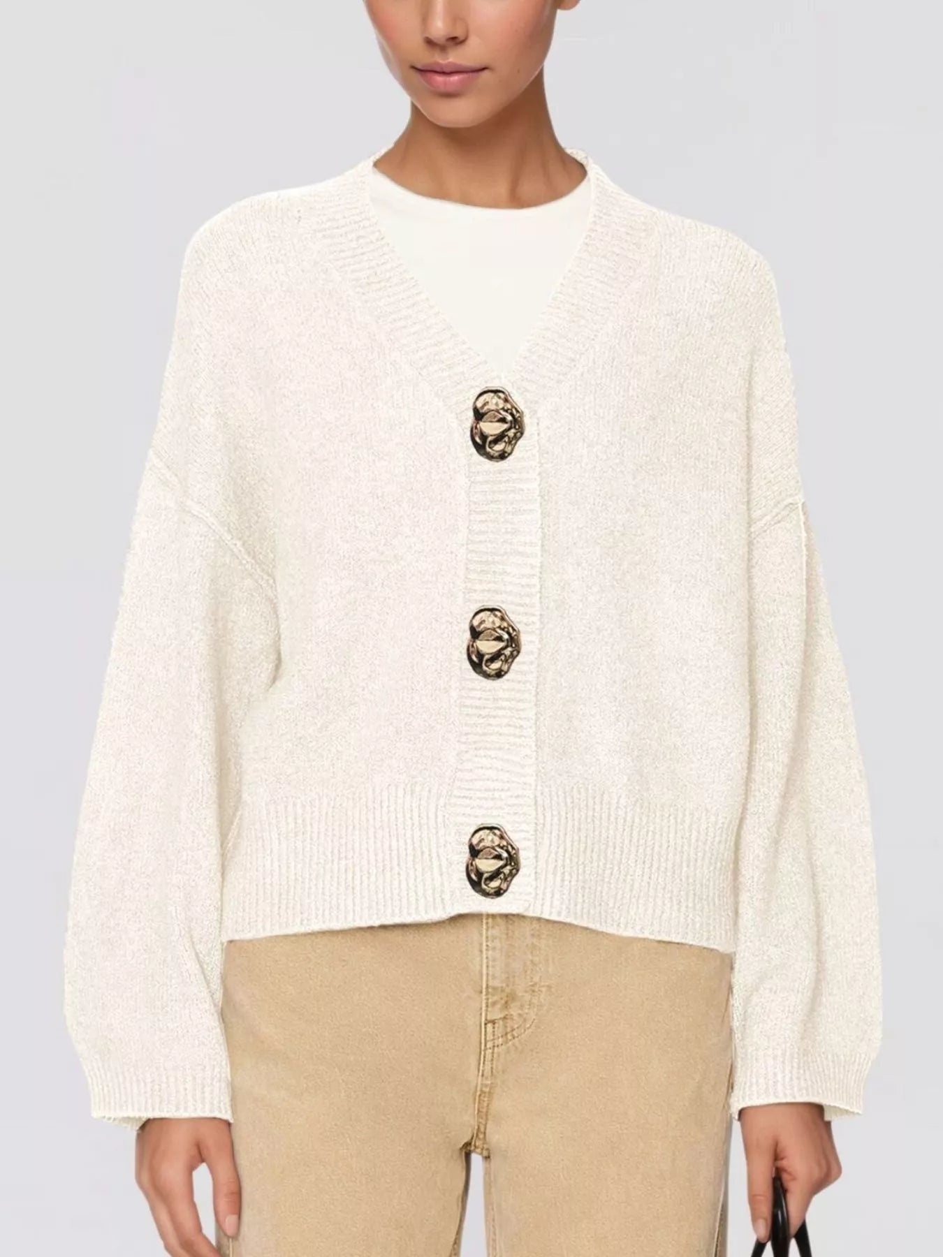 Trendsi Gold Buttons V-Neck Cardigan -