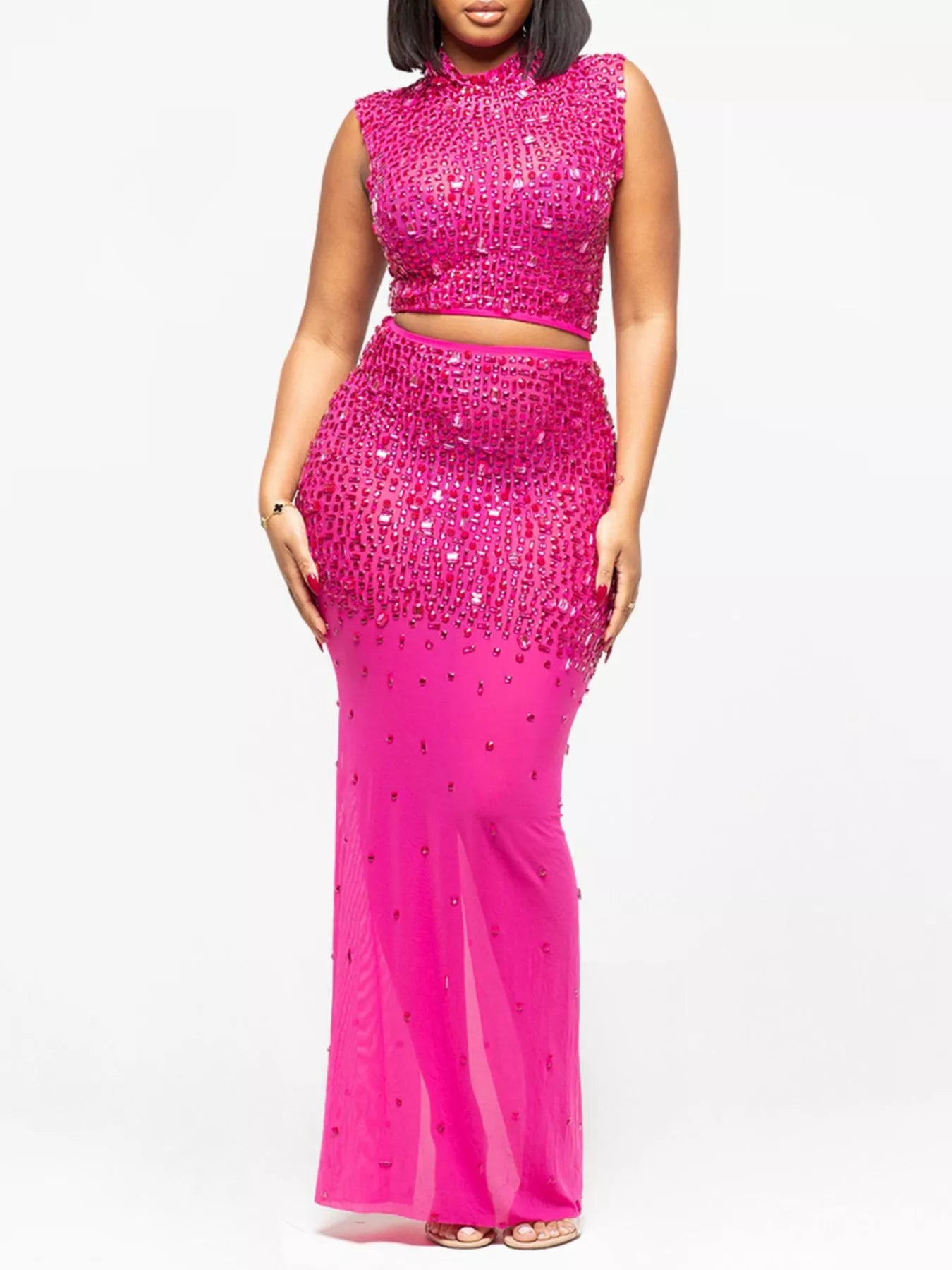 Trendsi Rhinestone Sleeveless Top and Skirt Set -